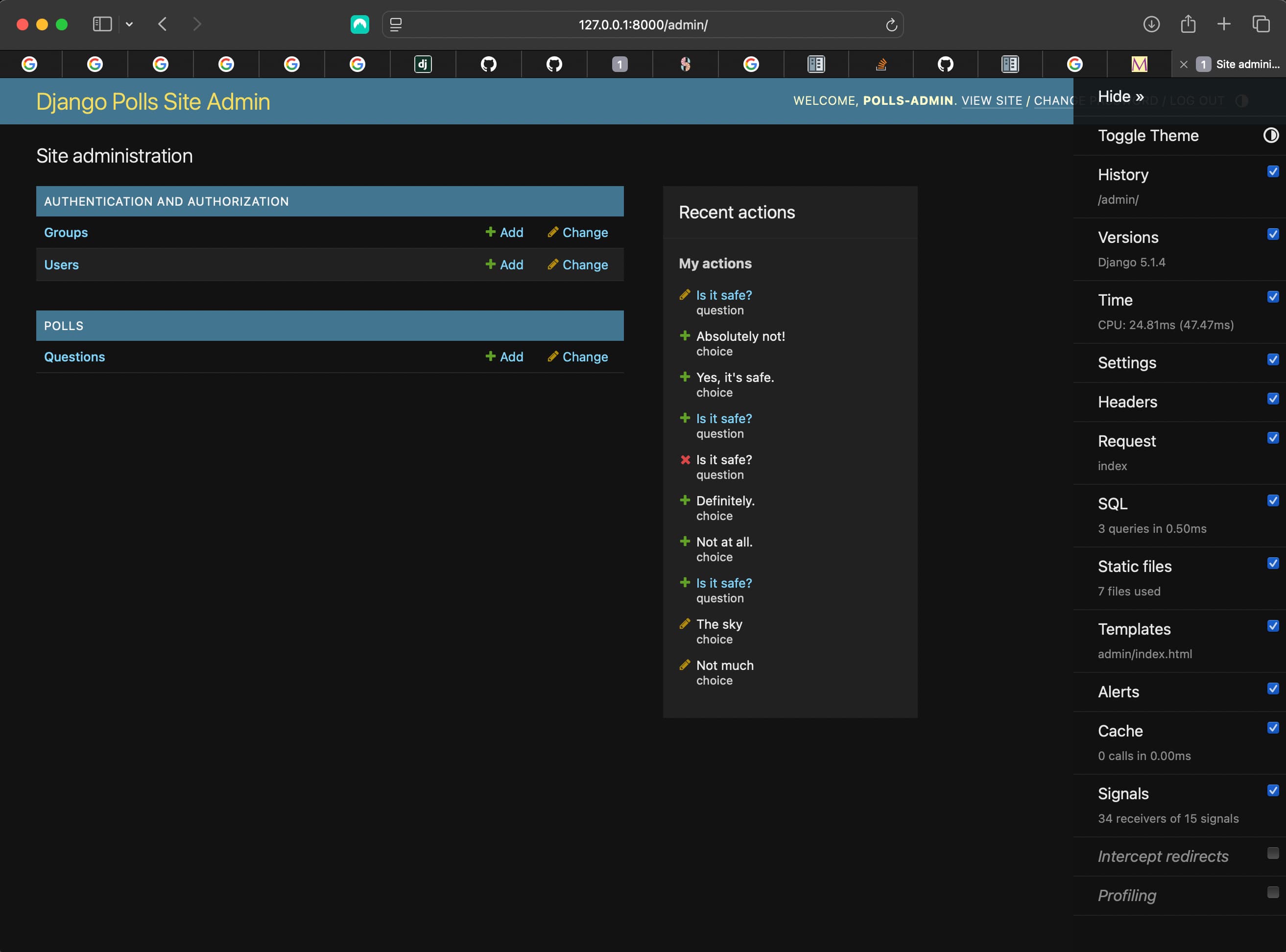 Admin interface including Django Debug Toolbar