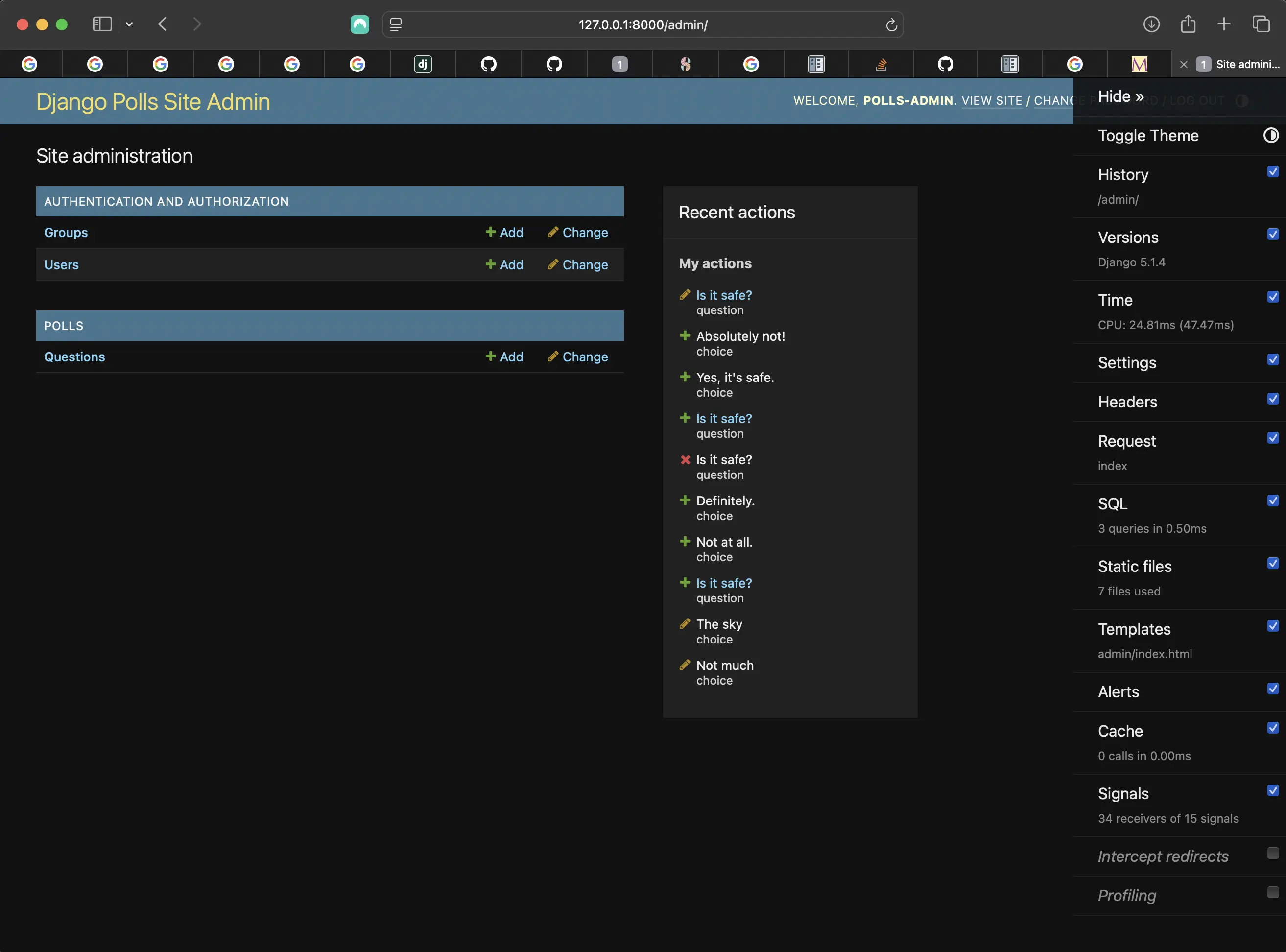 Admin interface including Django Debug Toolbar