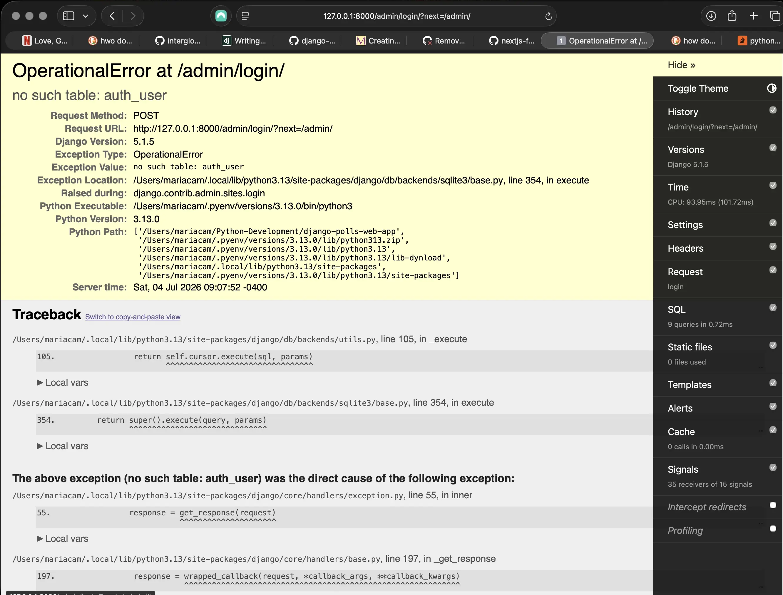 Screenshot of login error due to un-synced or corrupt db.sqlite3 database
