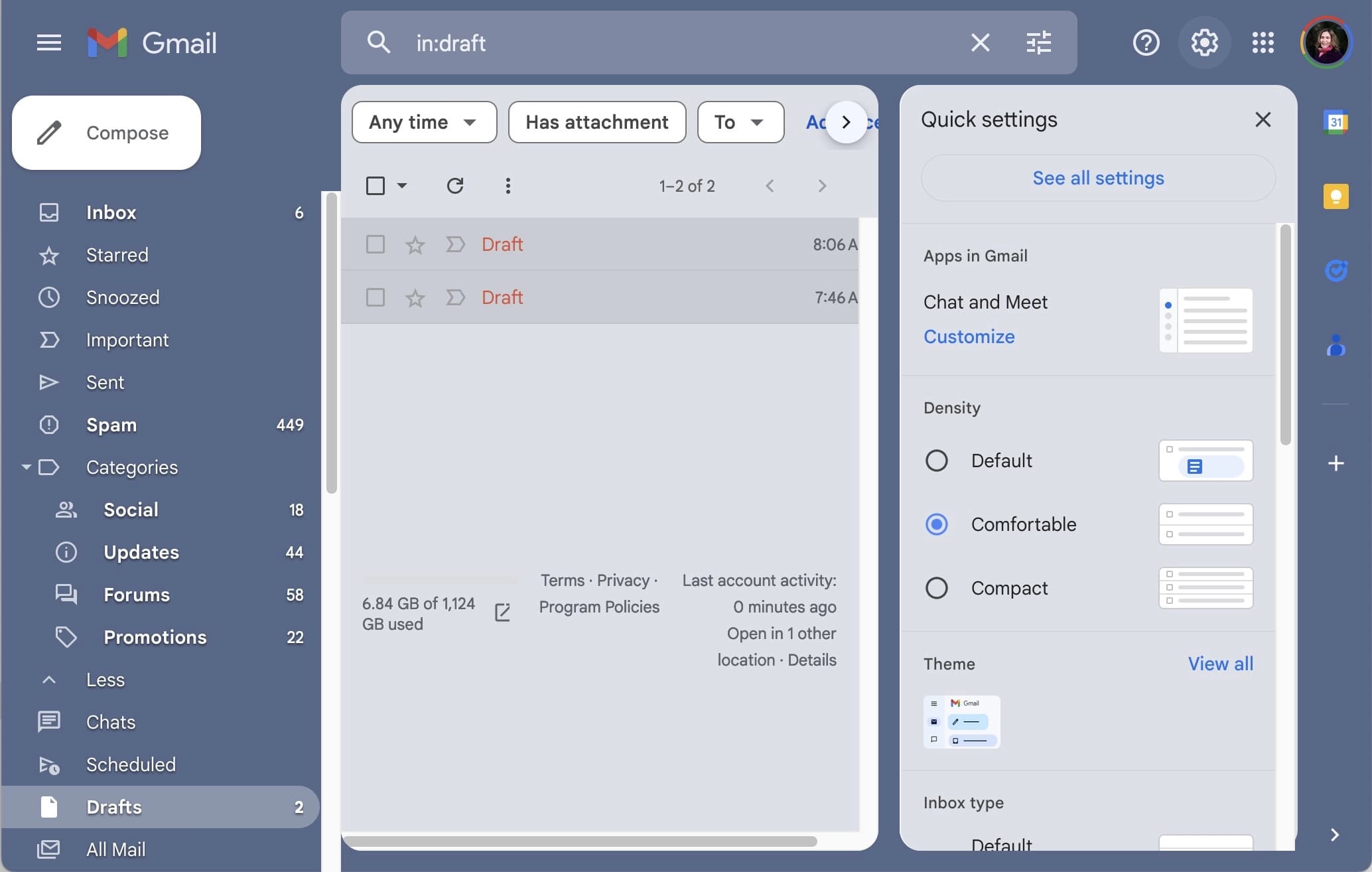 Screenshot of what happens when the user clicks on the Gmail settings icon
