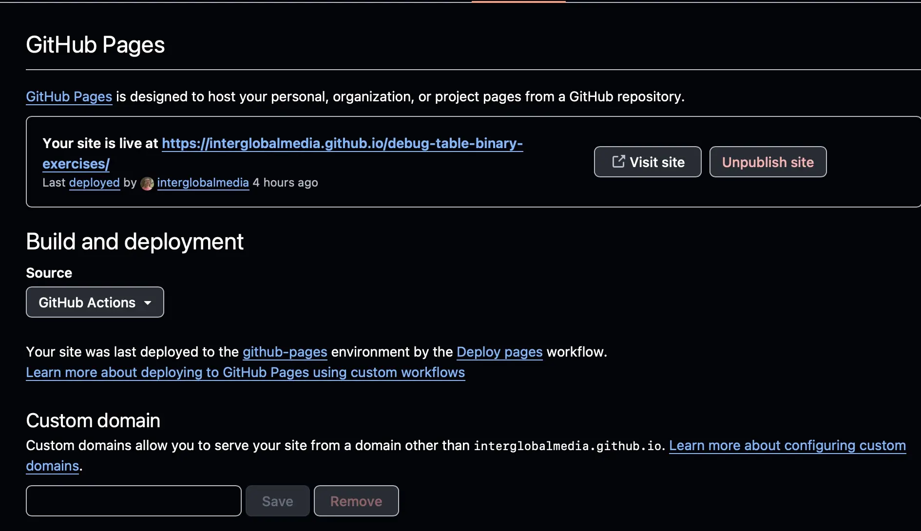 Screenshot of setting debug-table-binary-exercises Source to GitHub Actions