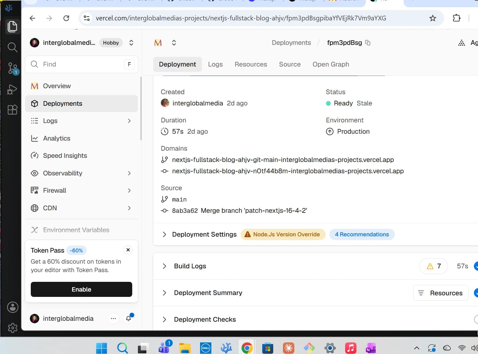 Screenshot of blog site successful deployment to Vercel