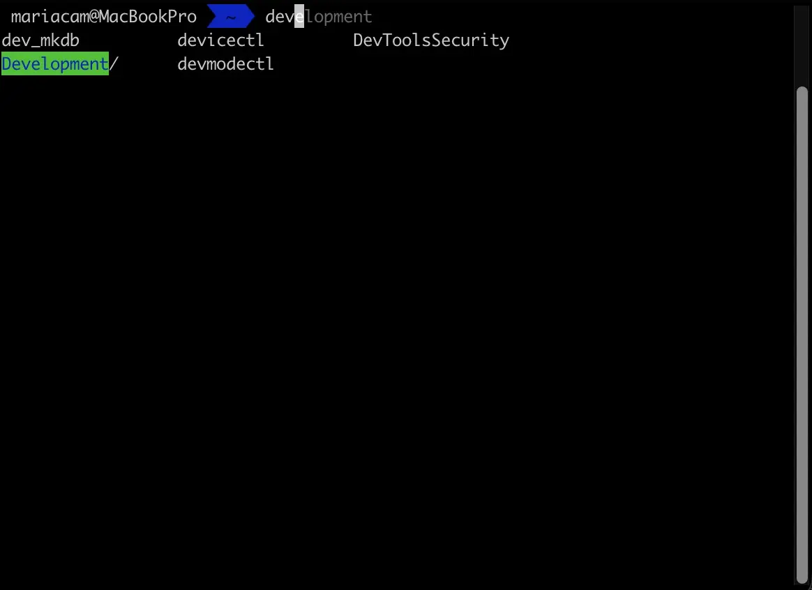 Screenshot of starting to type a directory name in Zsh followed by pressing the tab key