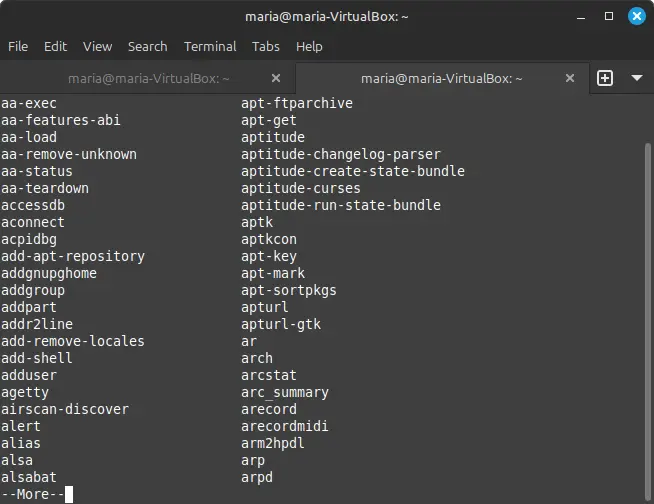 Screenshot of Displaying some of 105 possibilities for auto-completing sudo a