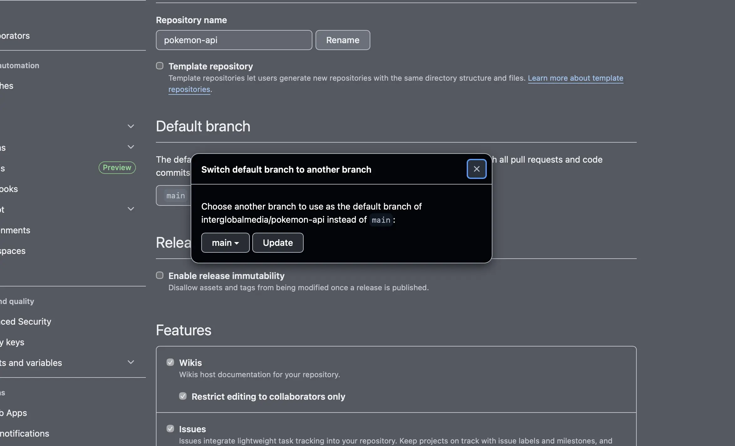 Switching default branch to another branch within a repository settings GitHub