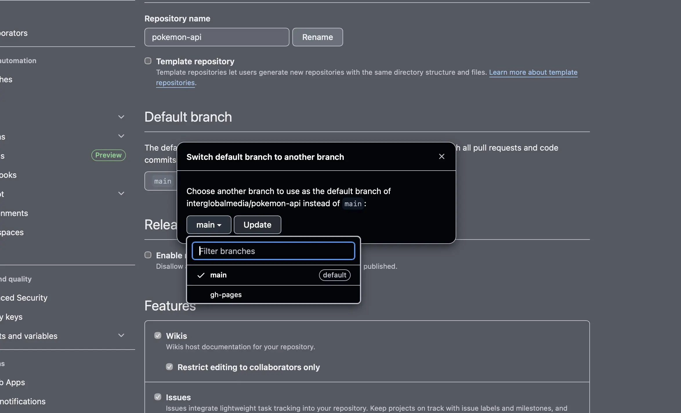 Dropdown of available branch names to switch to within a repository setting on GitHub