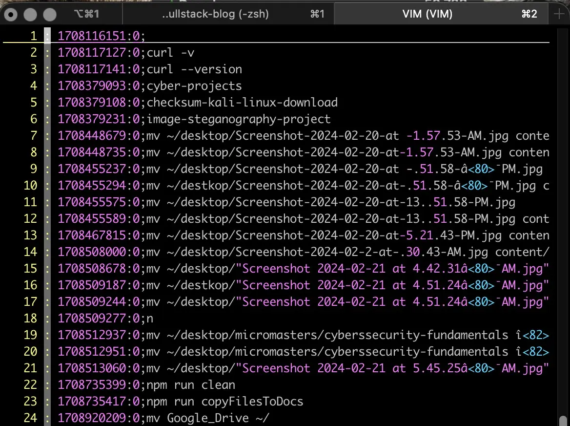 Screenshot of snapshot of .zsh_history file in command mode including cursor