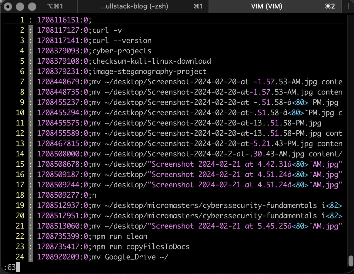 Screenshot of snapshot of .zsh_history file in command mode including cursor and calling line number