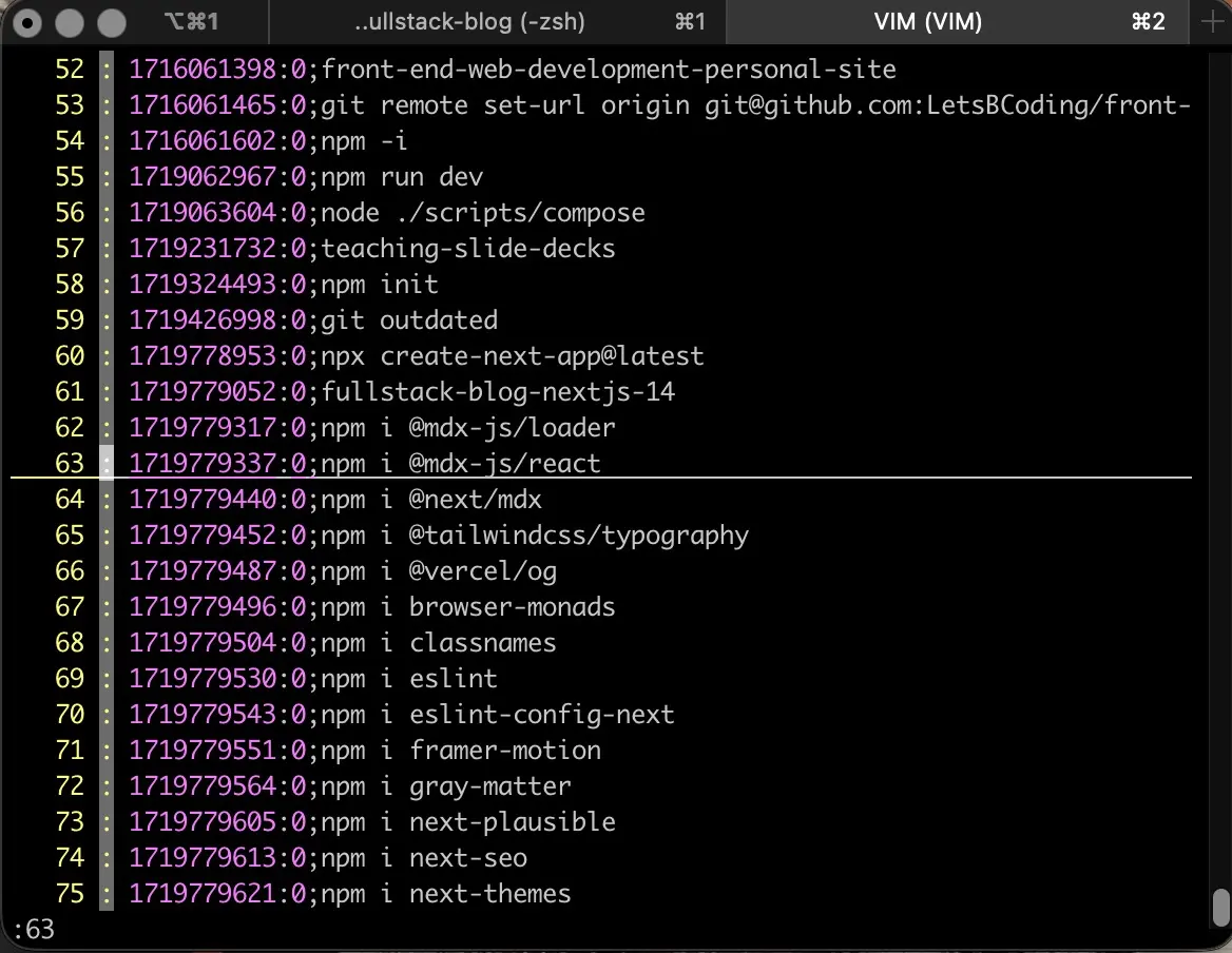 Screenshot of snapshot of .zsh_history file in command mode including cursor and retrieving line number