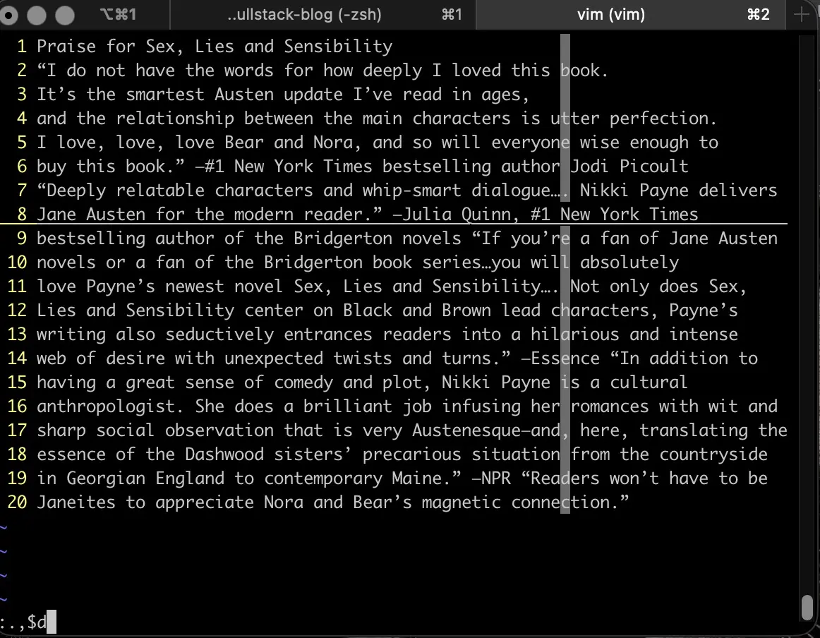 Screenshot of preparing to delete a range of lines using the :.,$d command