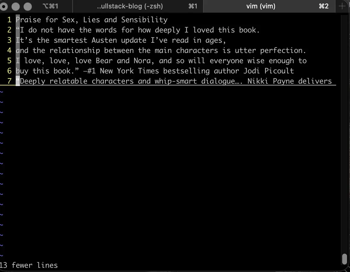 Screenshot of the result of running the :.,$d command in Vim