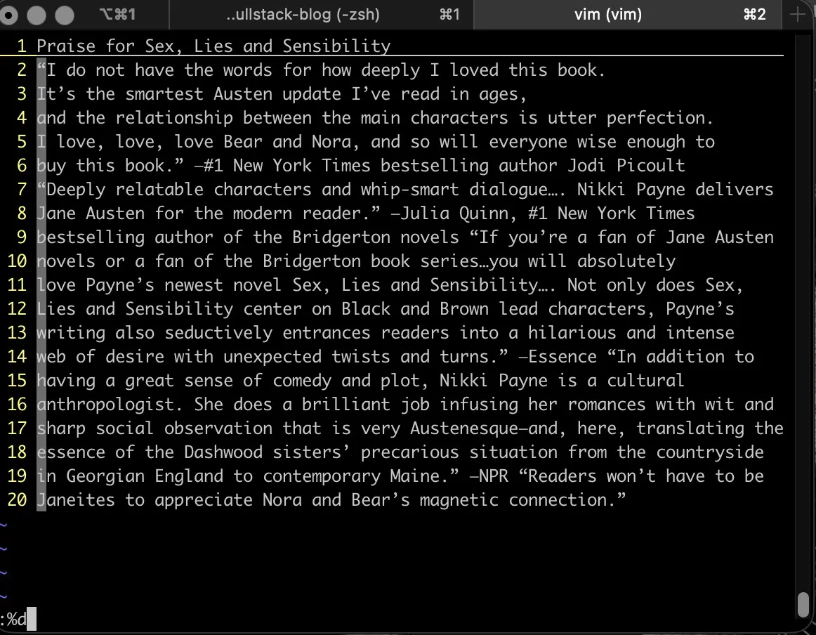 Screenshot of preparing to delete the contents of a file from within Vim