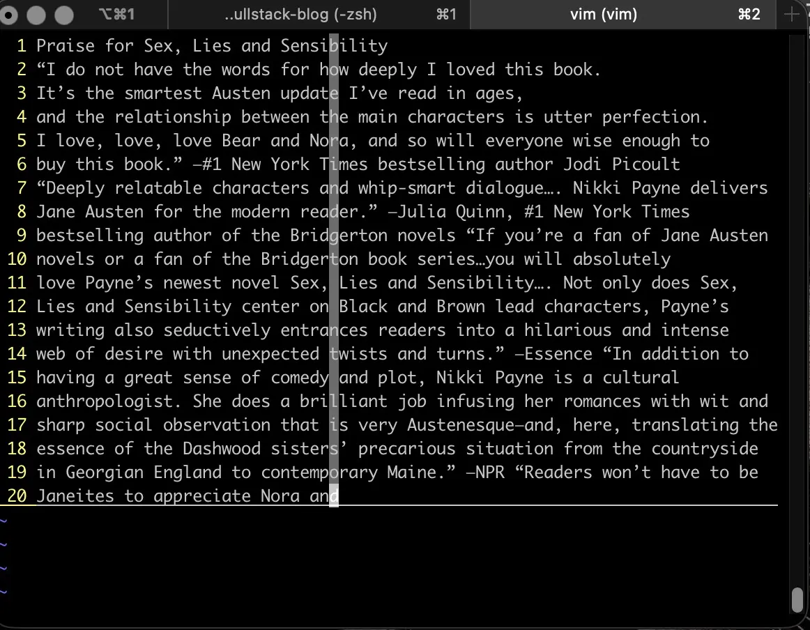 Screenshot of result of execution of D command deleting part of line from cursor to the end of the line