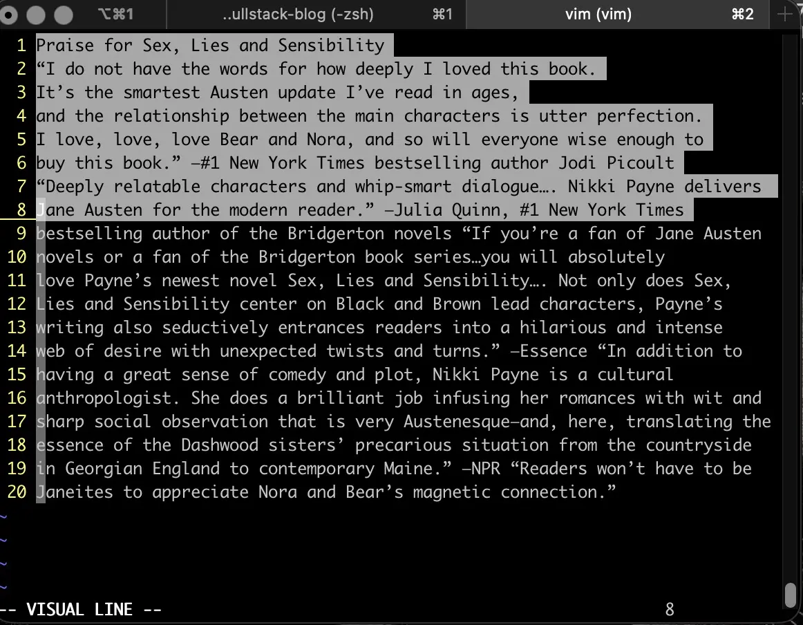 Screenshot of selecting multiple lines to delete in visual mode