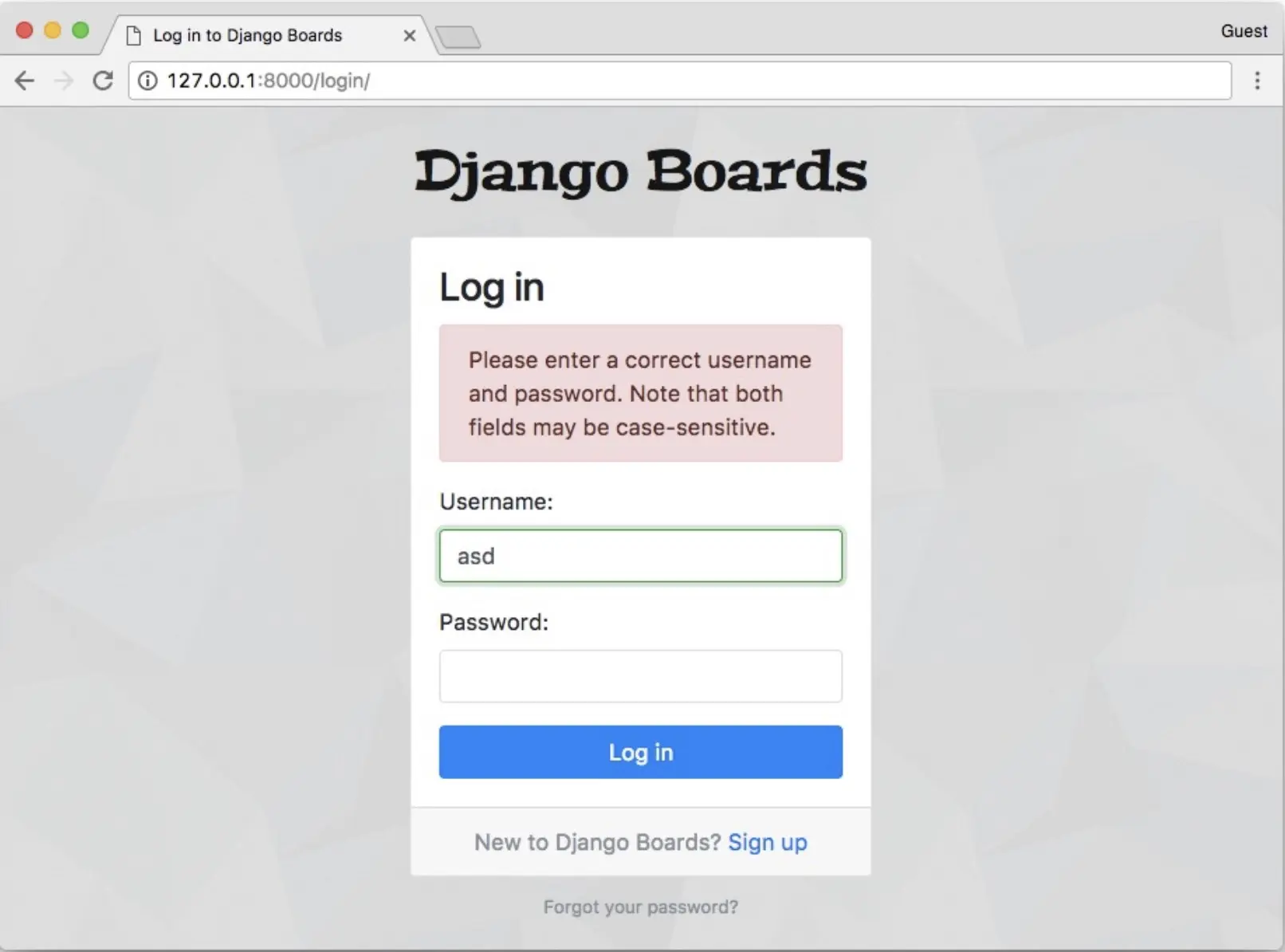 Screenshot of what the login form should look like when a user submits their username and password but provides the wrong username according to Vitor Freitas
