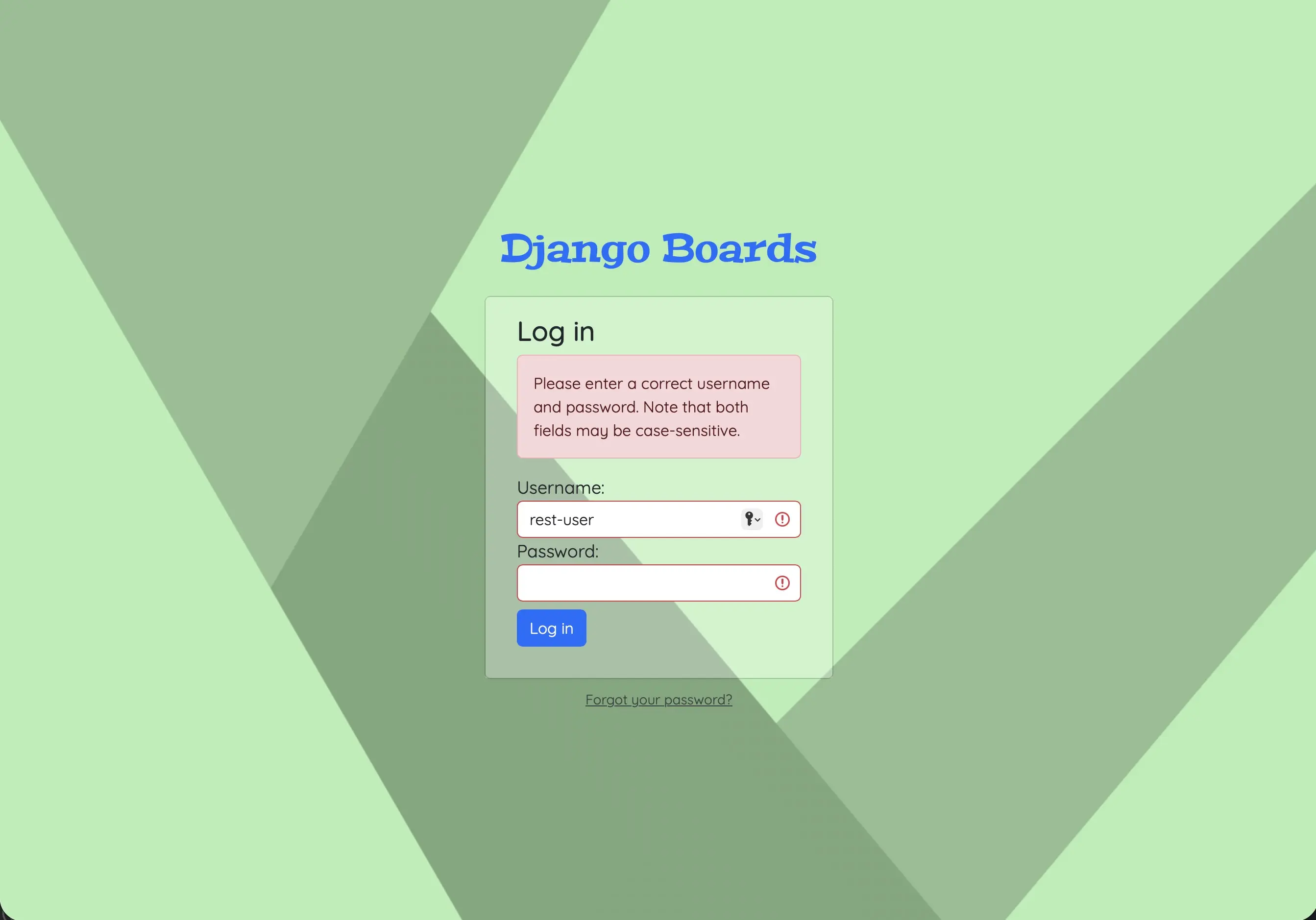 Screenshot of what my login form looked like when a user submitted their username and password but provided the wrong username and password