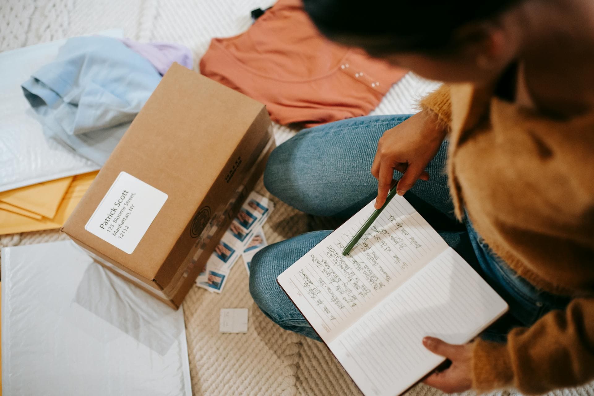 Woman comparing information in notebook and carton box