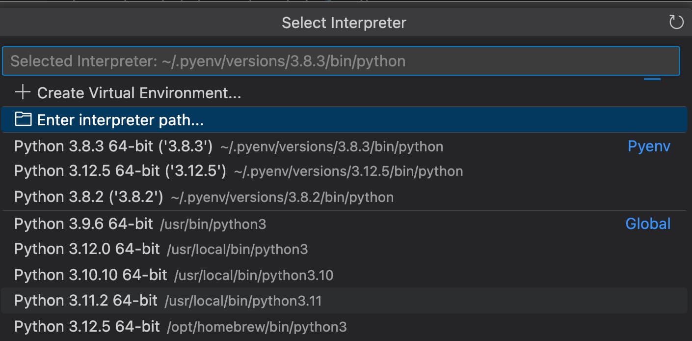 Screenshot of Python interpreters available in Visual Studio Code