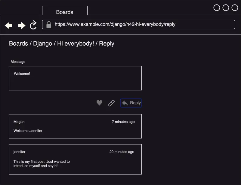 Django Board topic replies including post like button and link button wireframe