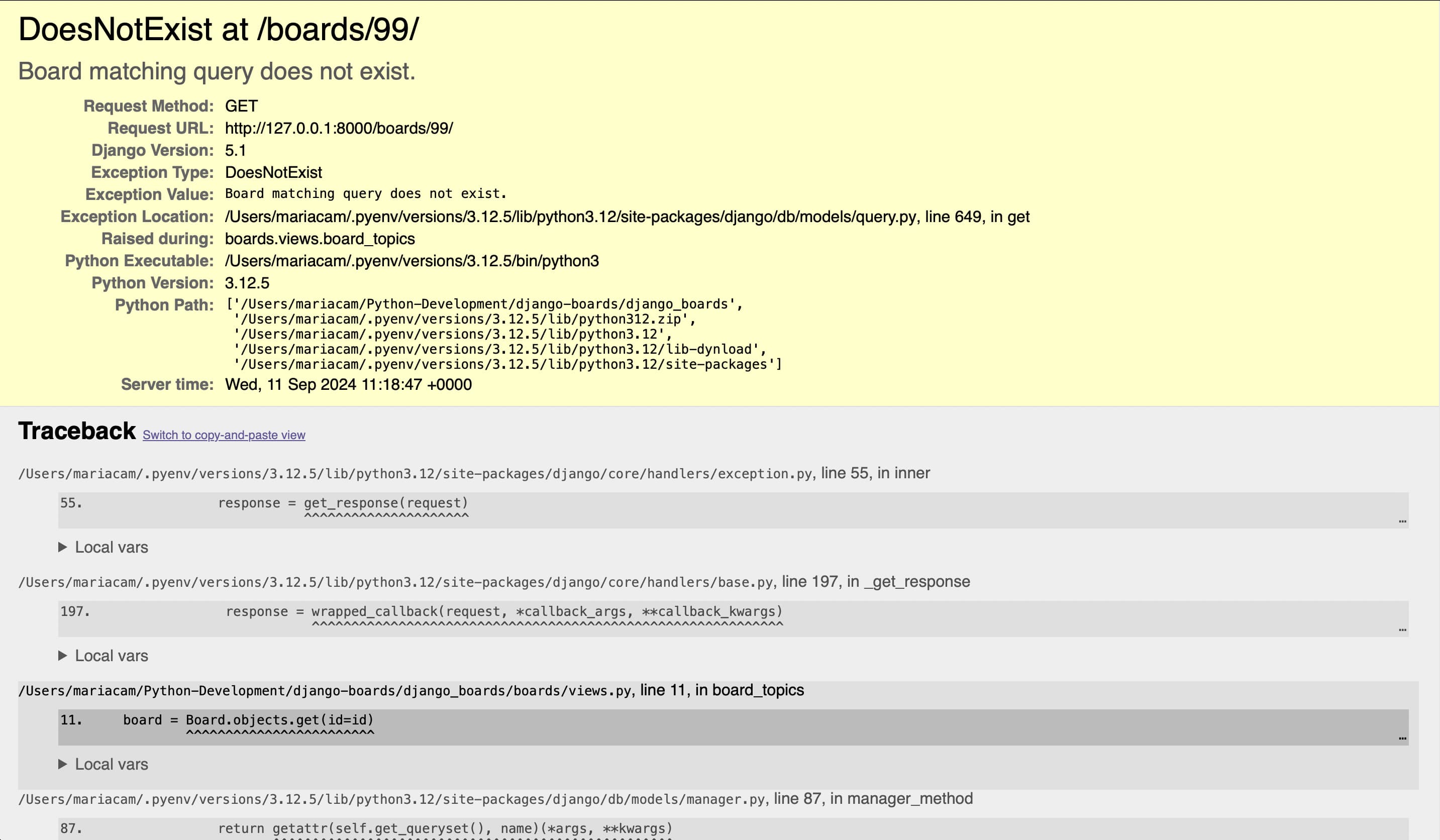 The result of 127.0.0.1:8000/boards/99 in the browser