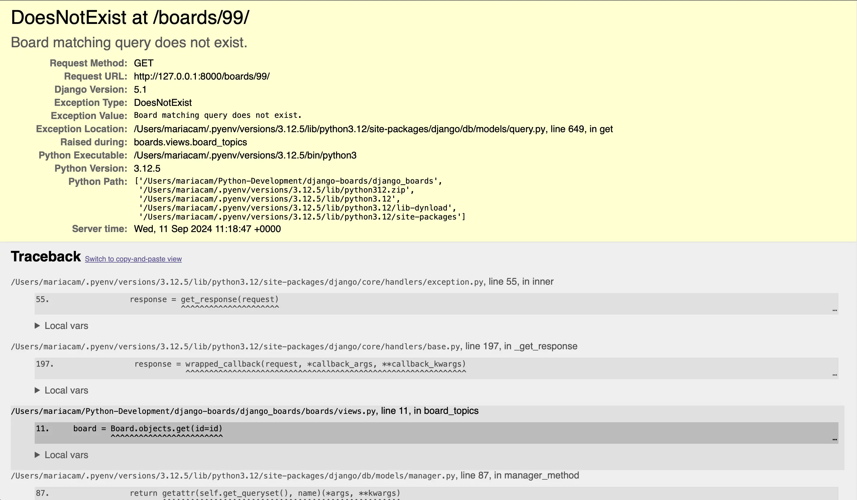 The result of 127.0.0.1:8000/boards/99 in the browser
