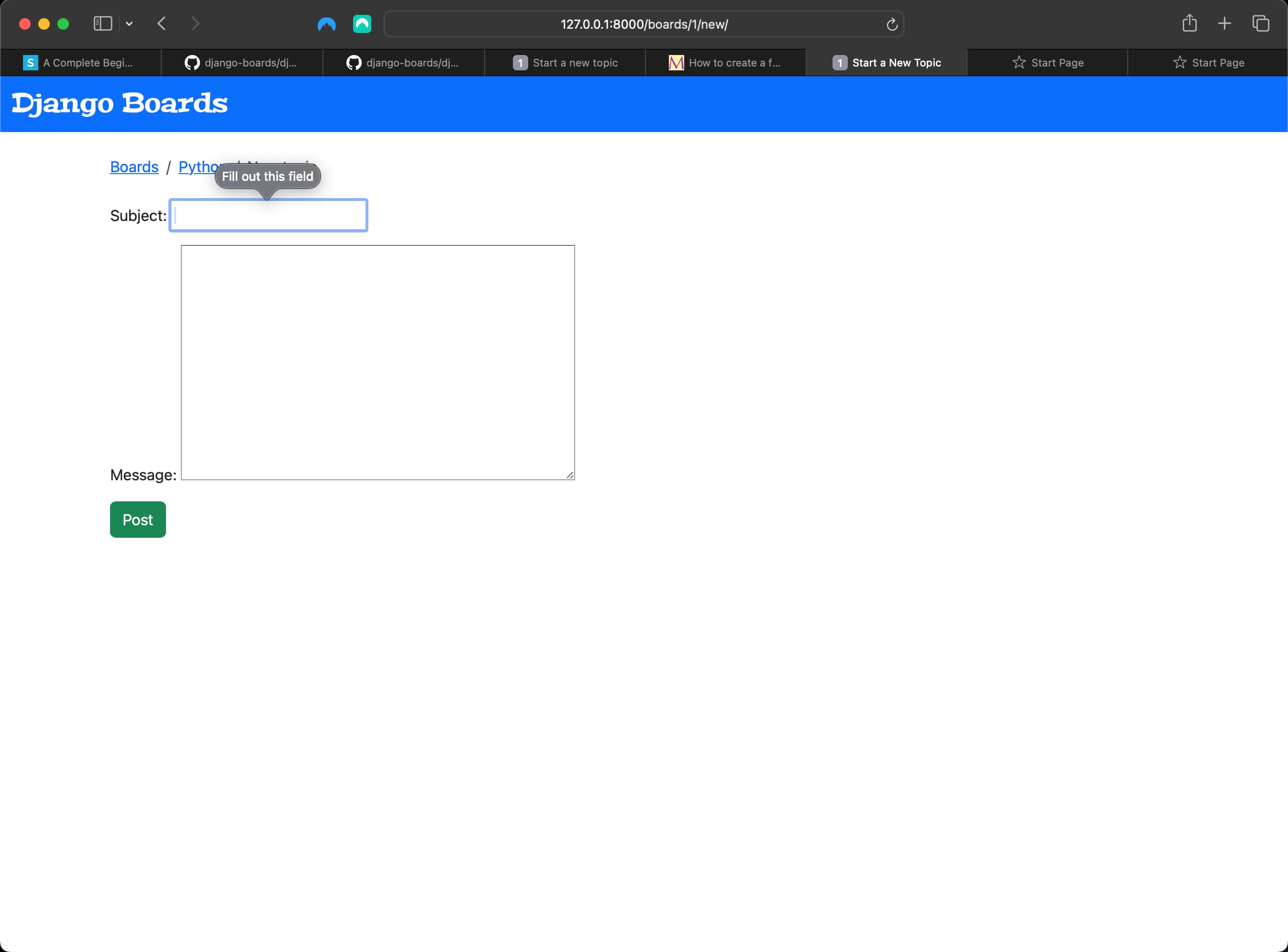 Result of trying to submit an empty form