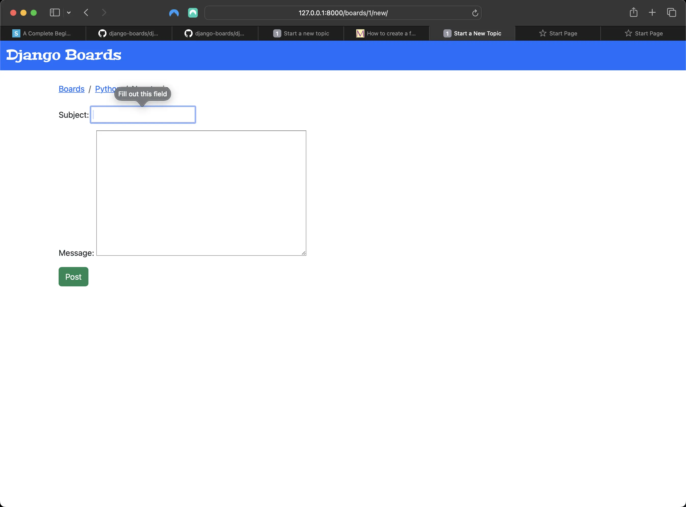 Result of trying to submit an empty form