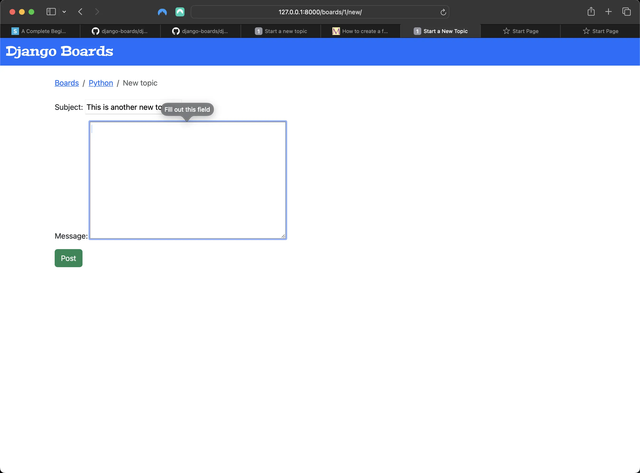 Result of only filling in the subject field and then submitting the new_topic form