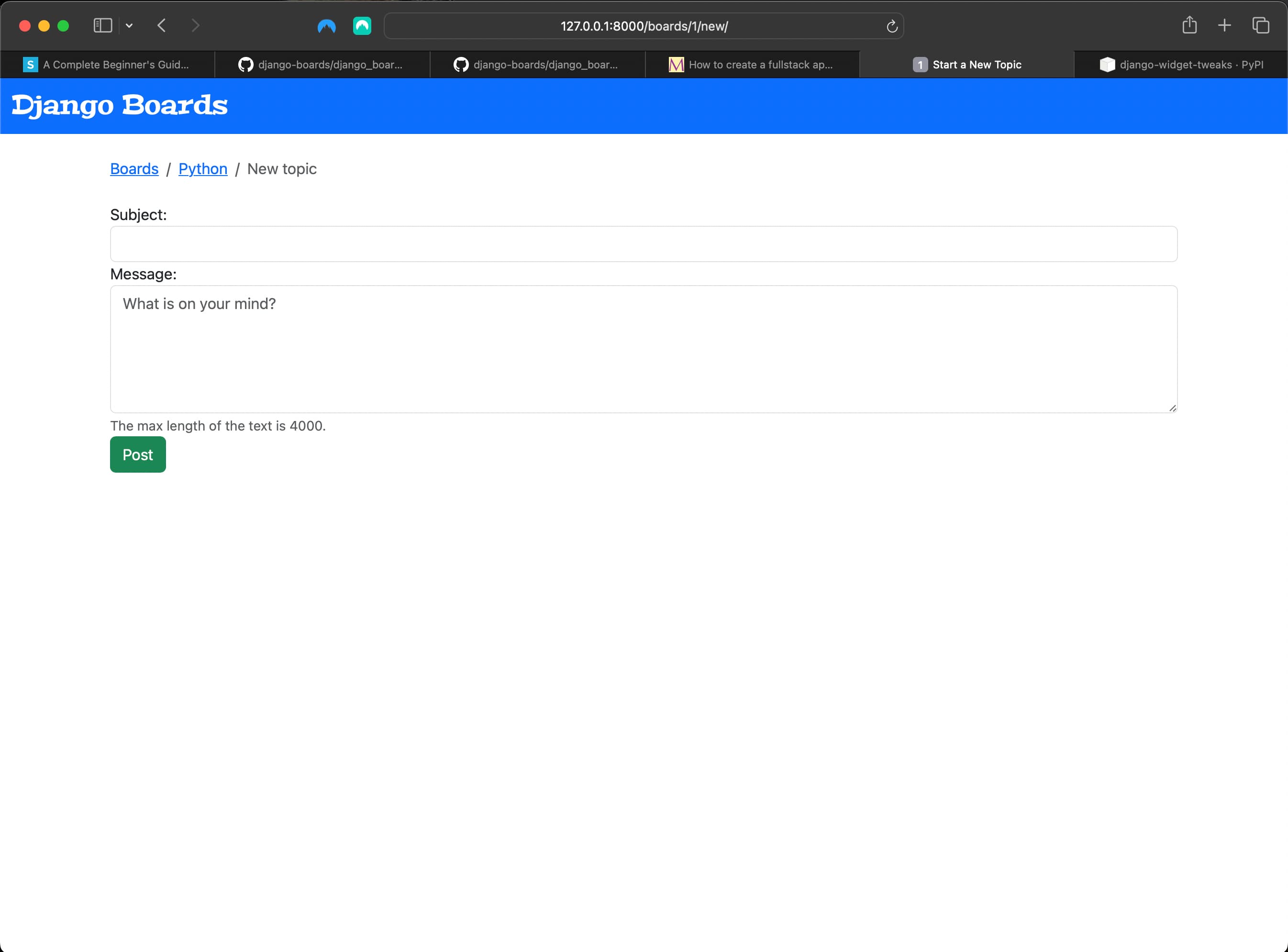 Result of using django-widget-tweaks on the NewTopicForm