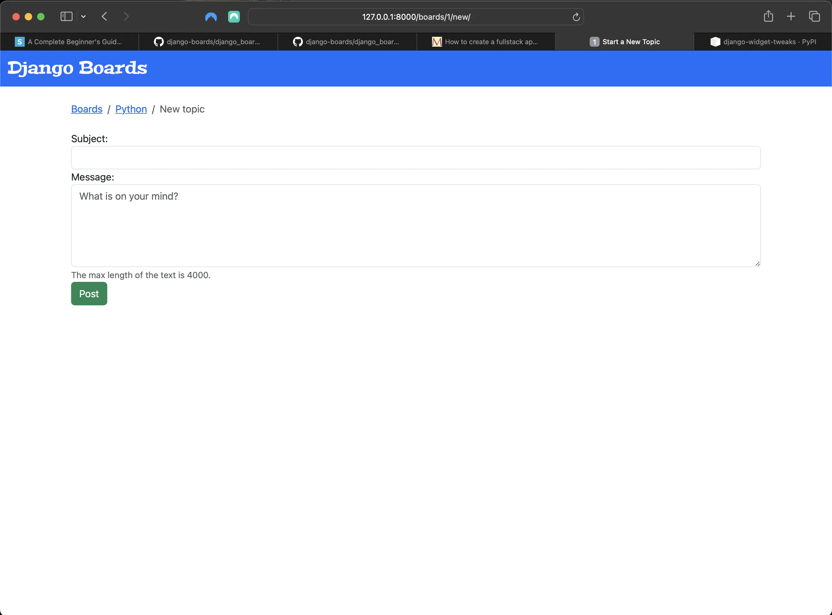 Result of using django-widget-tweaks on the NewTopicForm