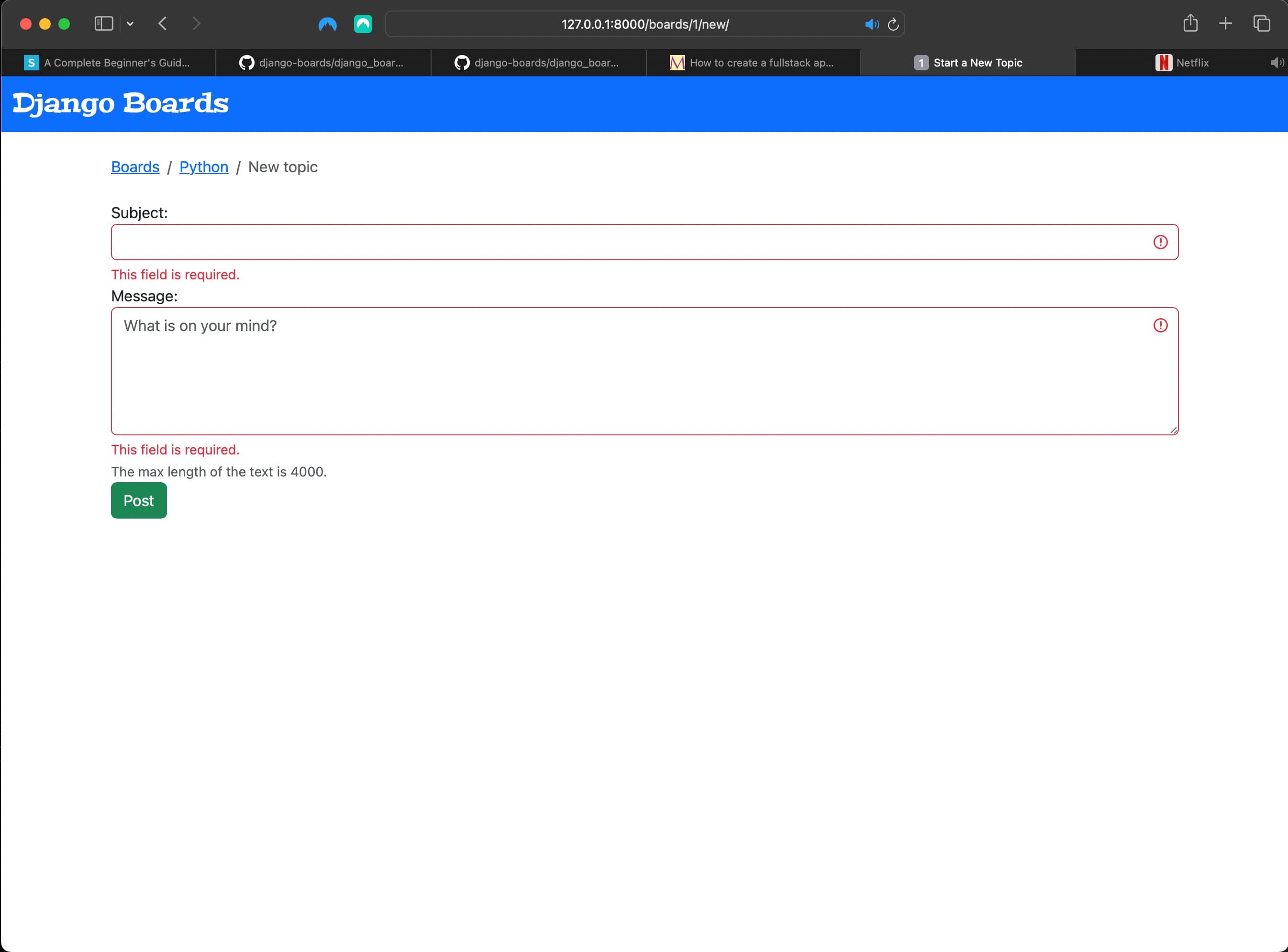 Result when trying to submit an empty form