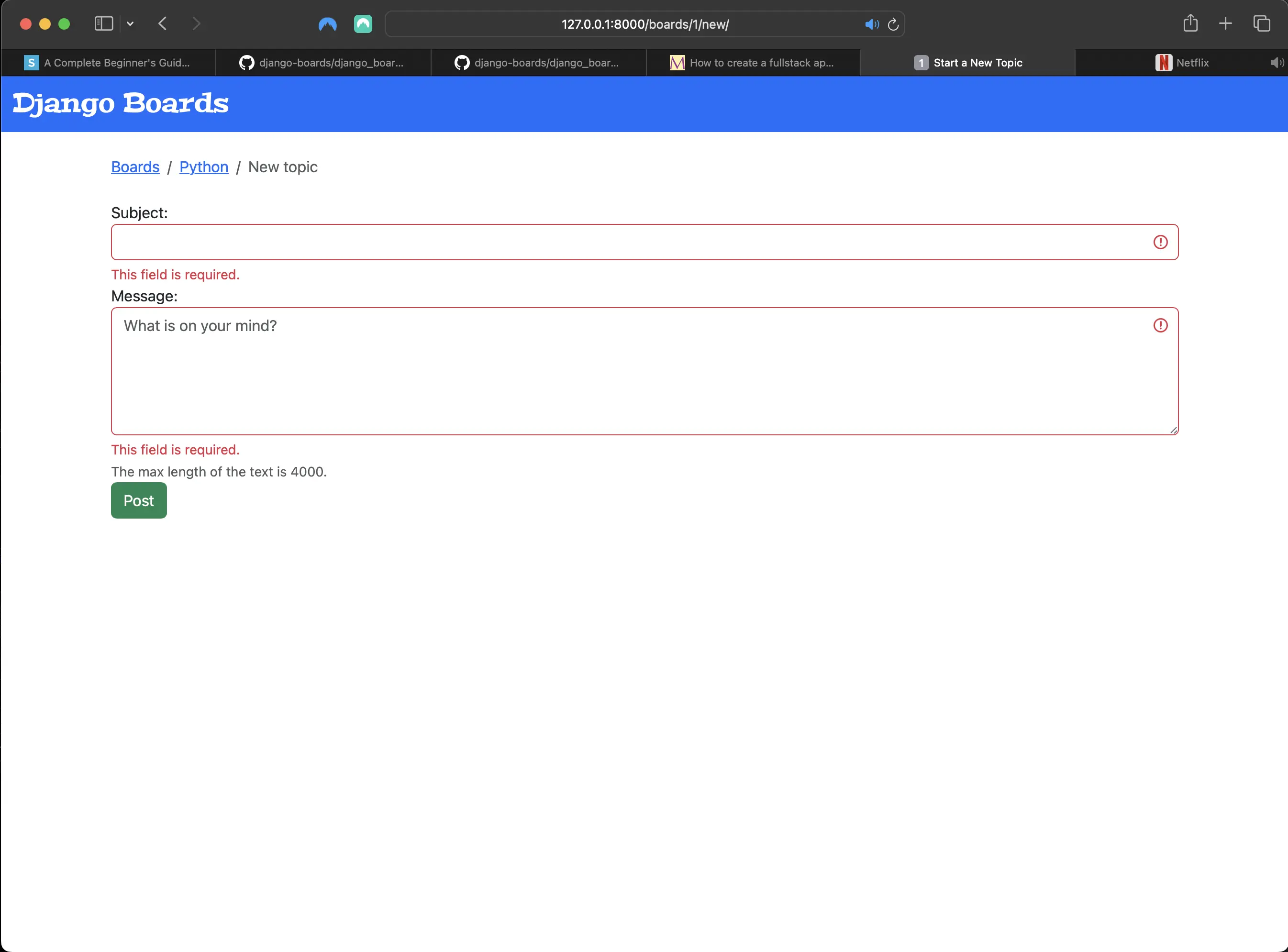 Result when trying to submit an empty form