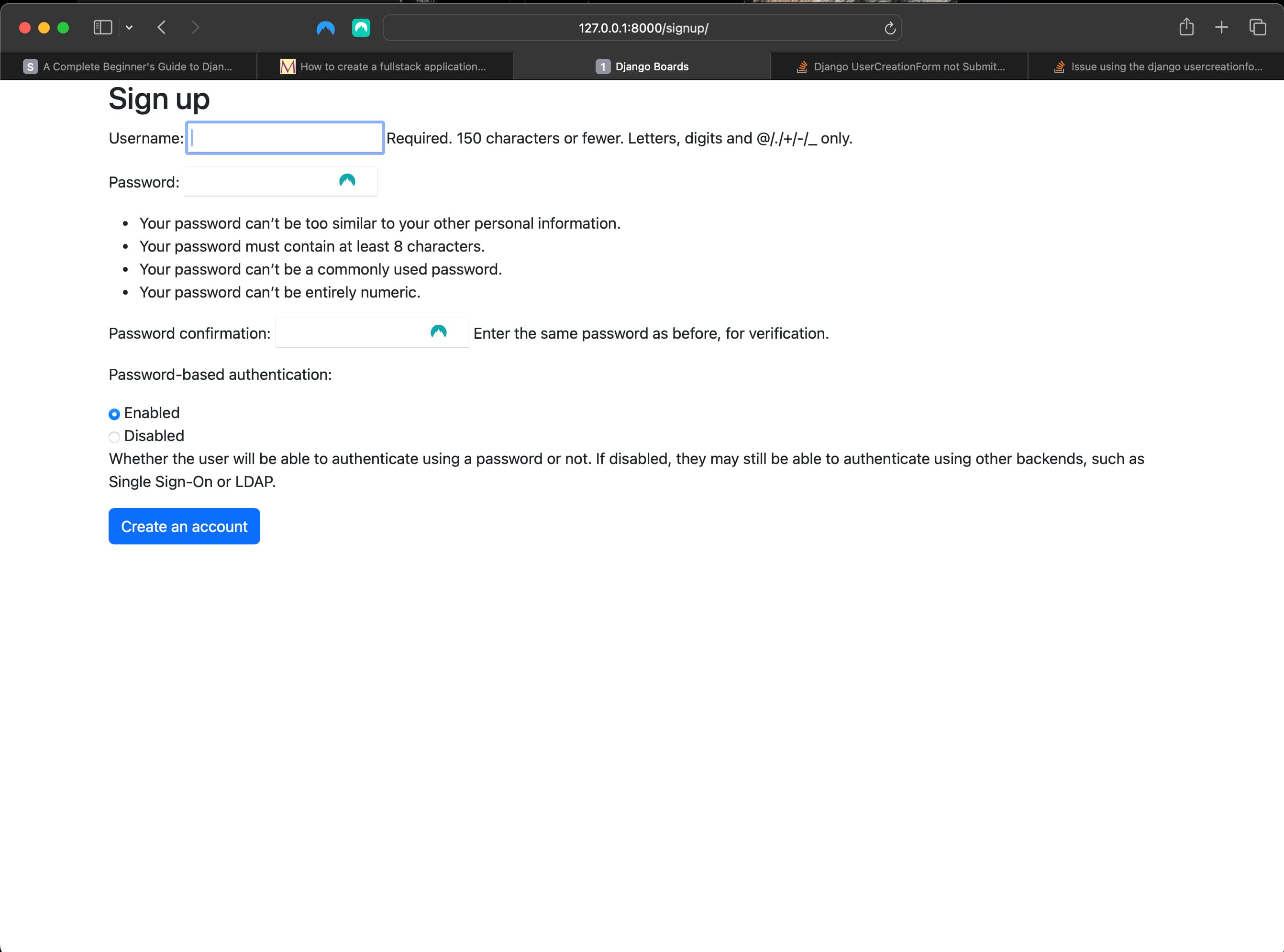 Result of adding UserCreationForm to signup view in accounts/views.py