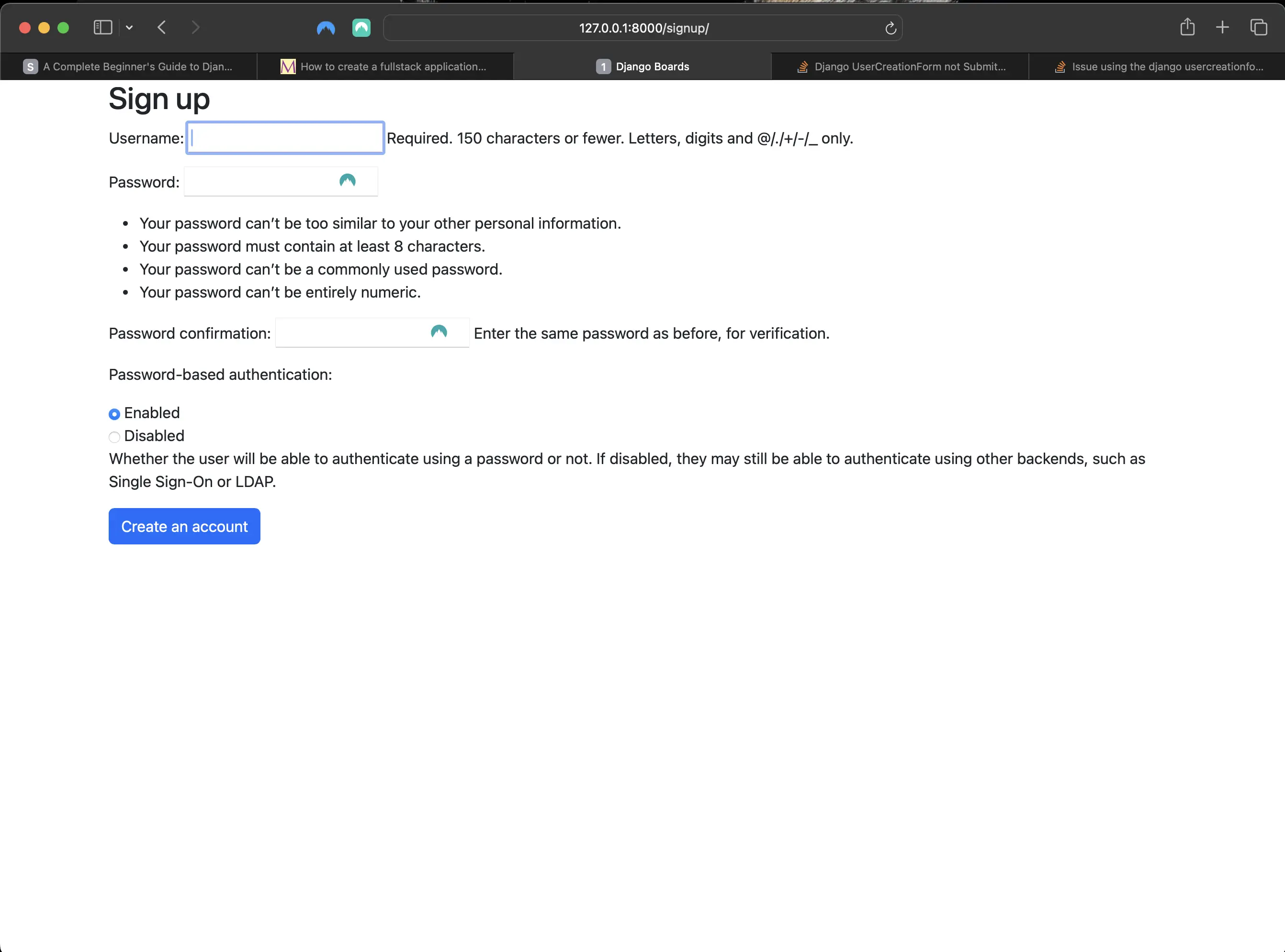 Result of adding UserCreationForm to signup view in accounts/views.py
