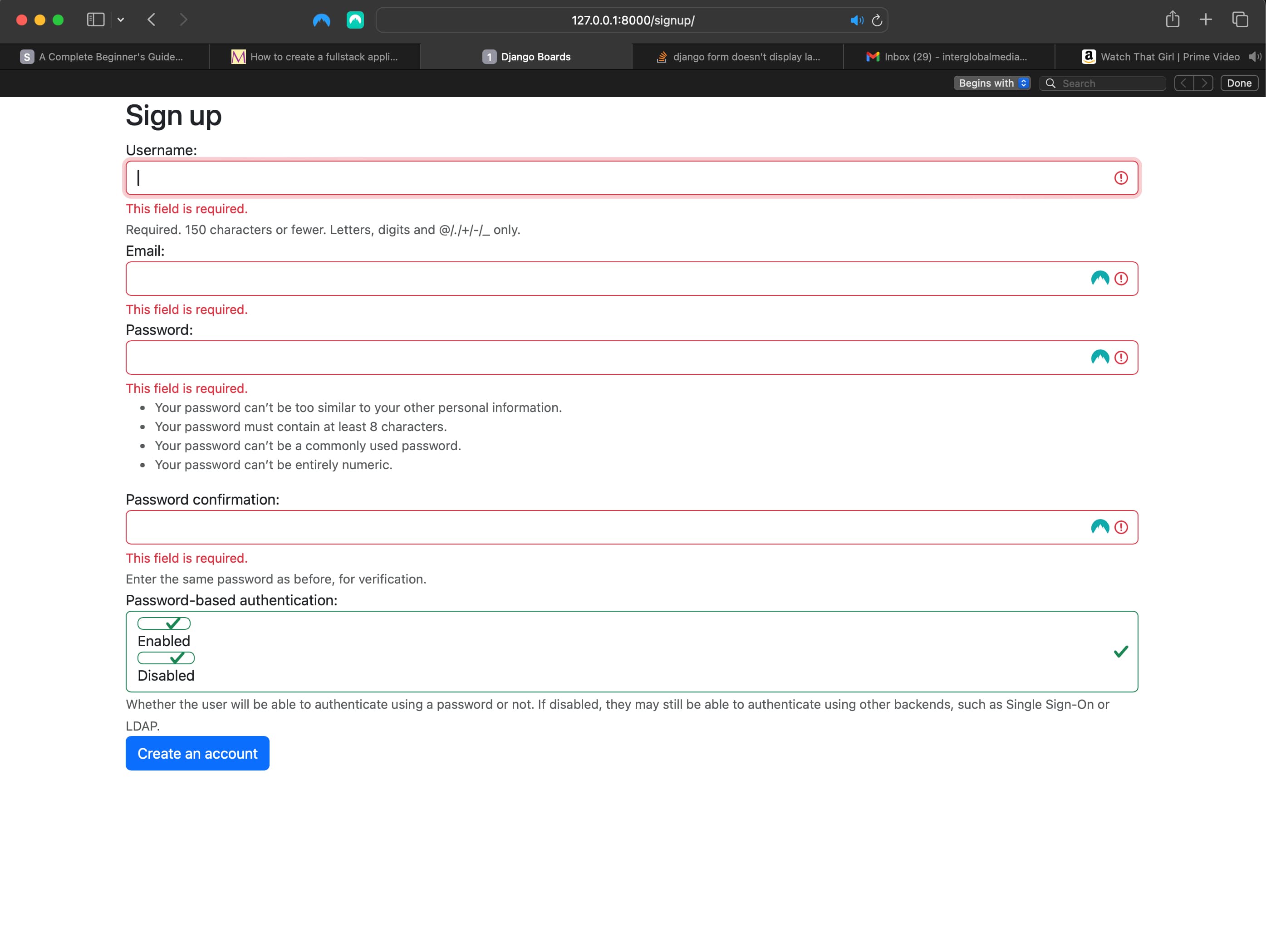 Result of trying to submit an empty form