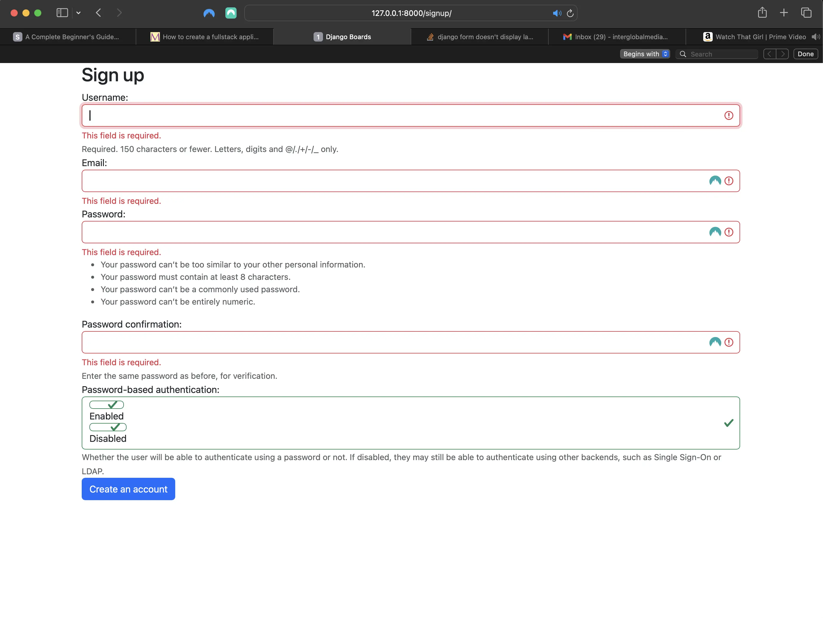 Result of trying to submit an empty form