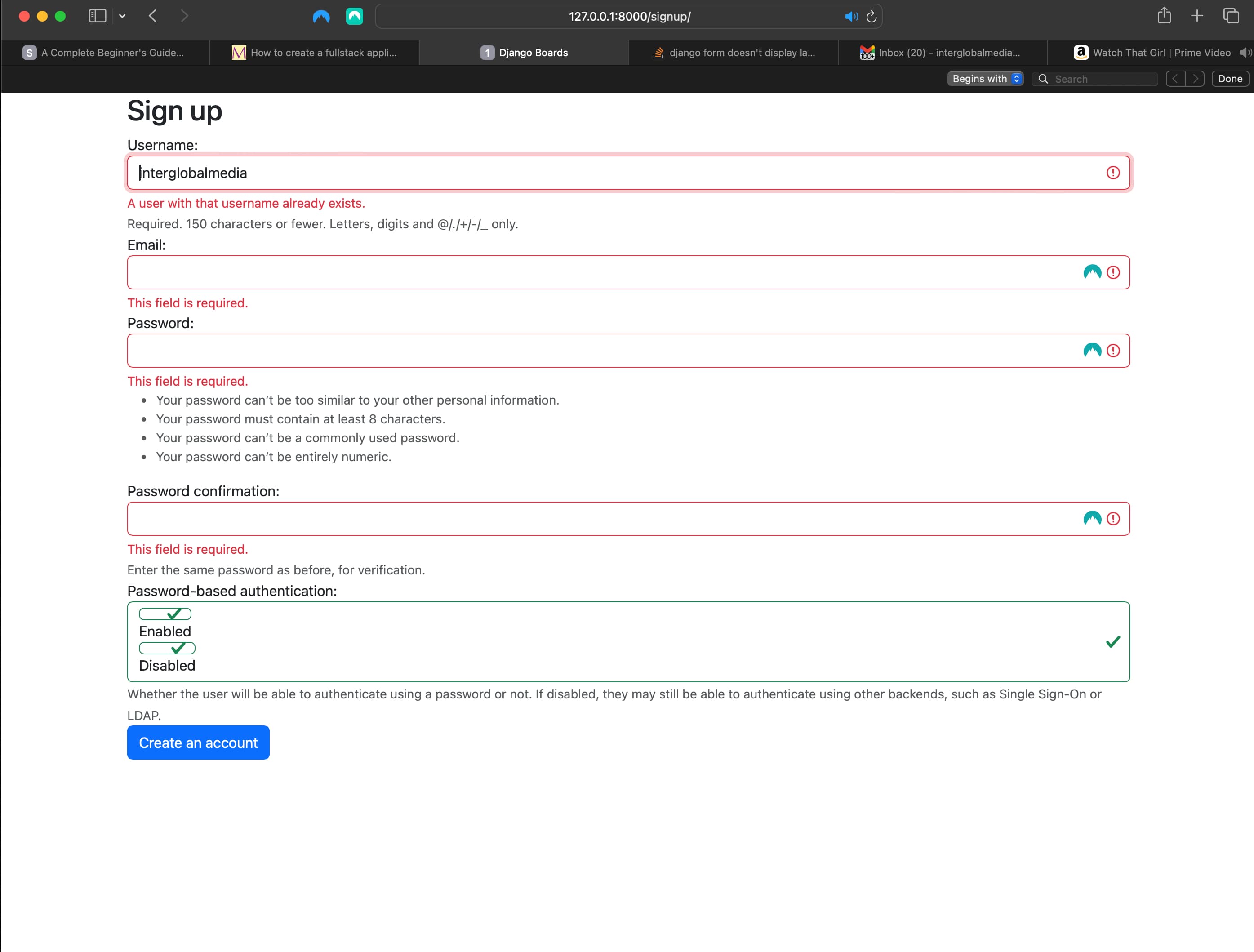 Trying to submit a form with the username of an existing user