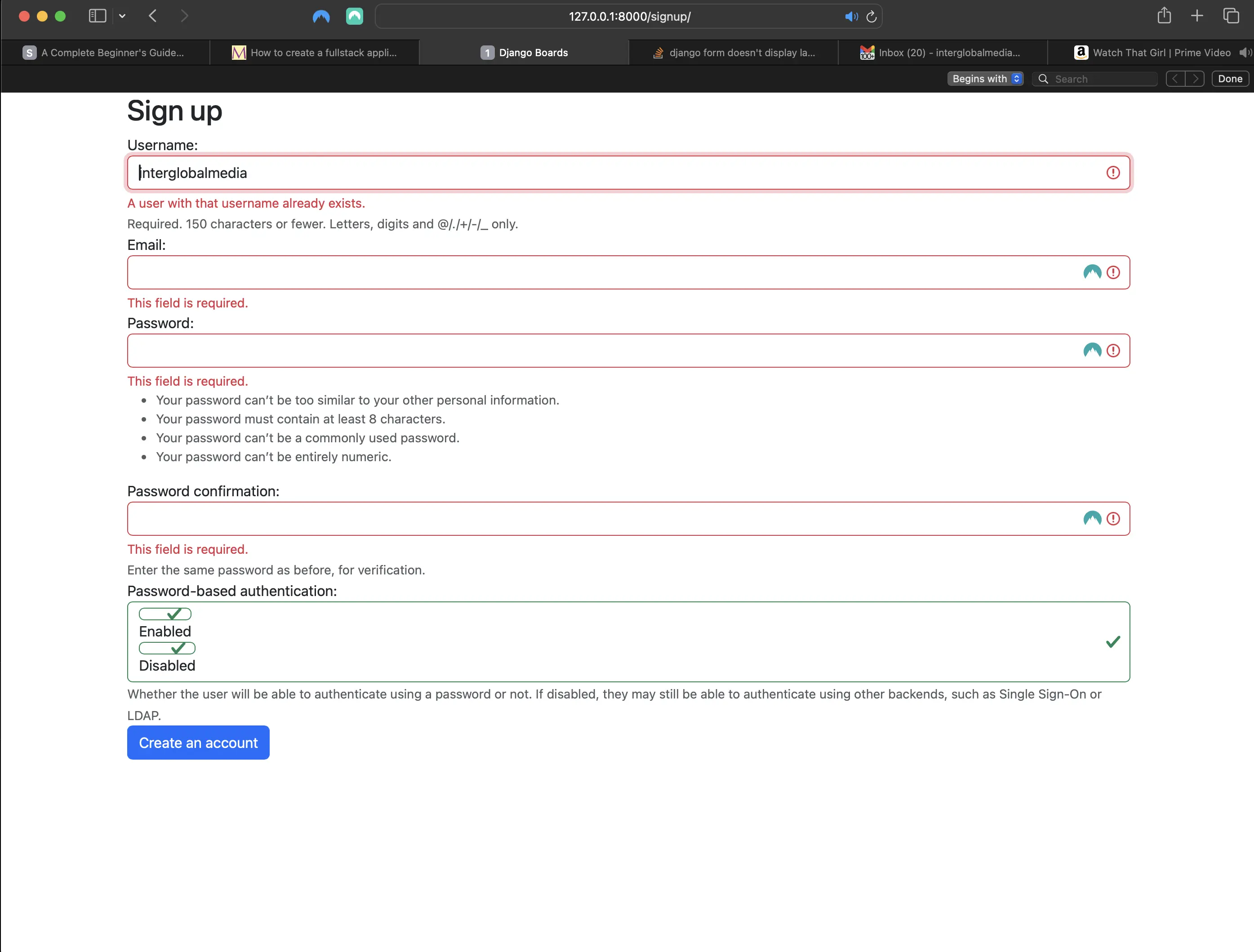 Trying to submit a form with the username of an existing user