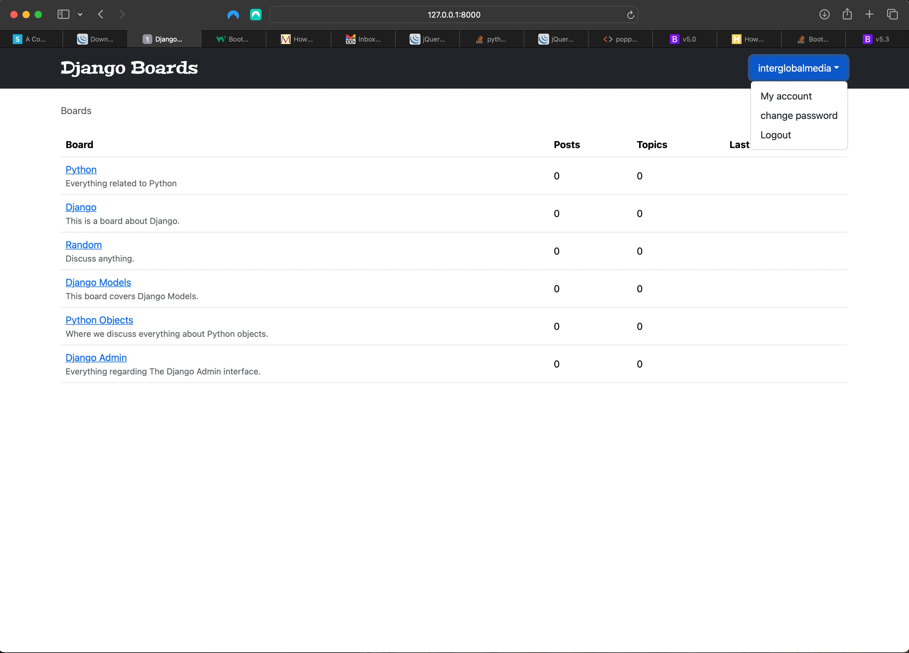 Updated index/home view including logged in user dropdown menu