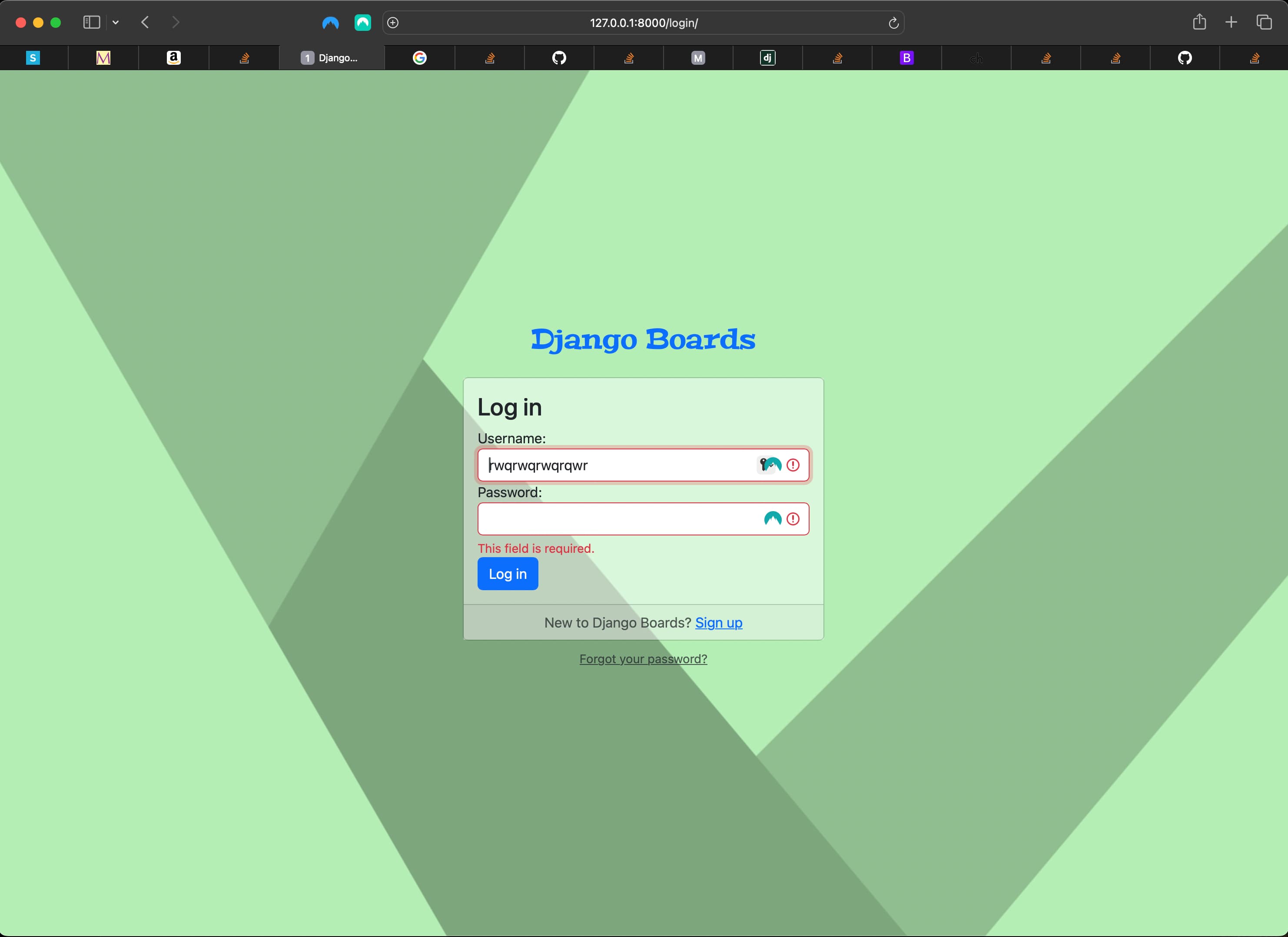 Rendering of the login view when user types non-existent user and no password and then submits the form