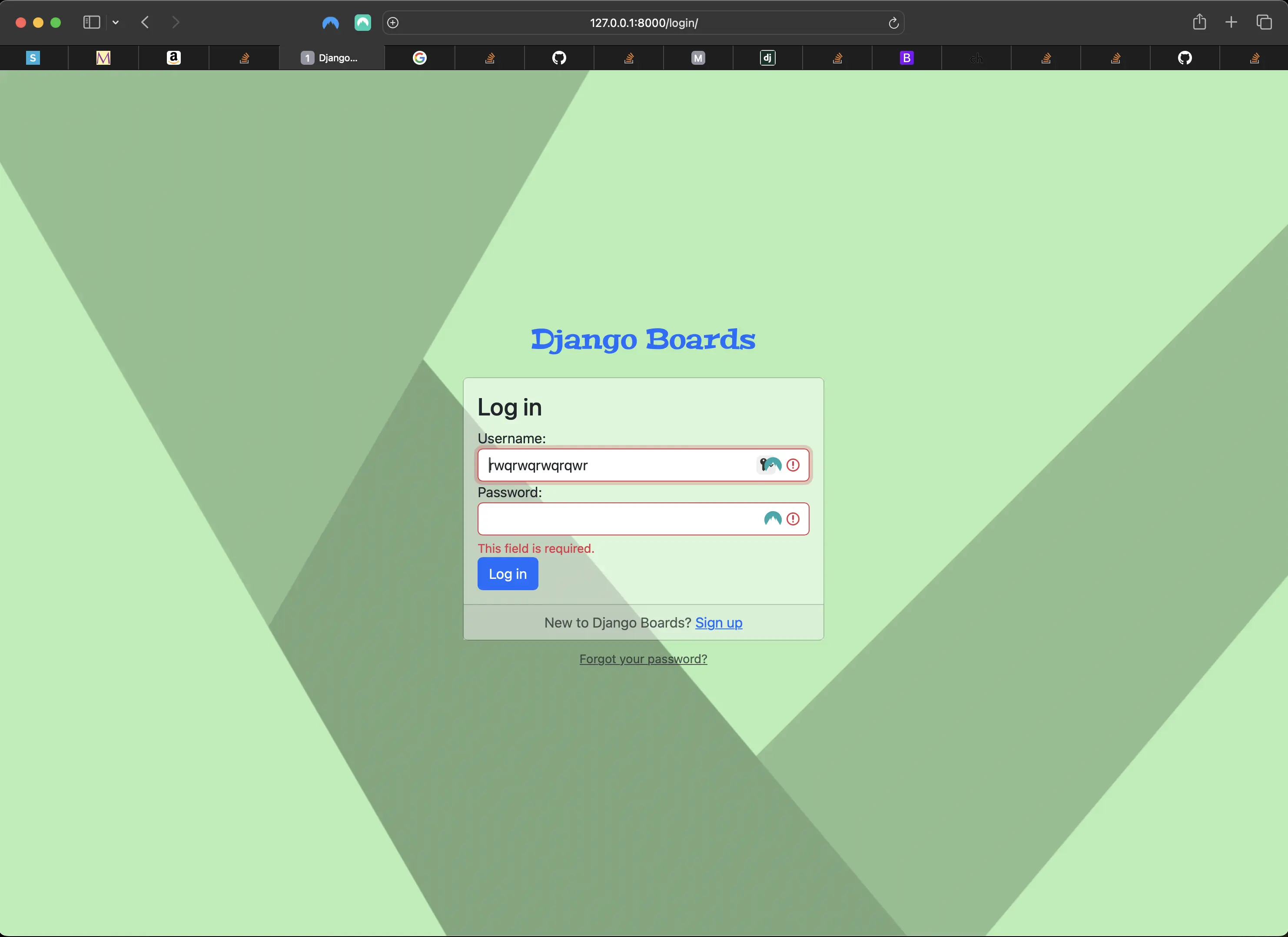 Rendering of the login view when user types non-existent user and no password and then submits the form
