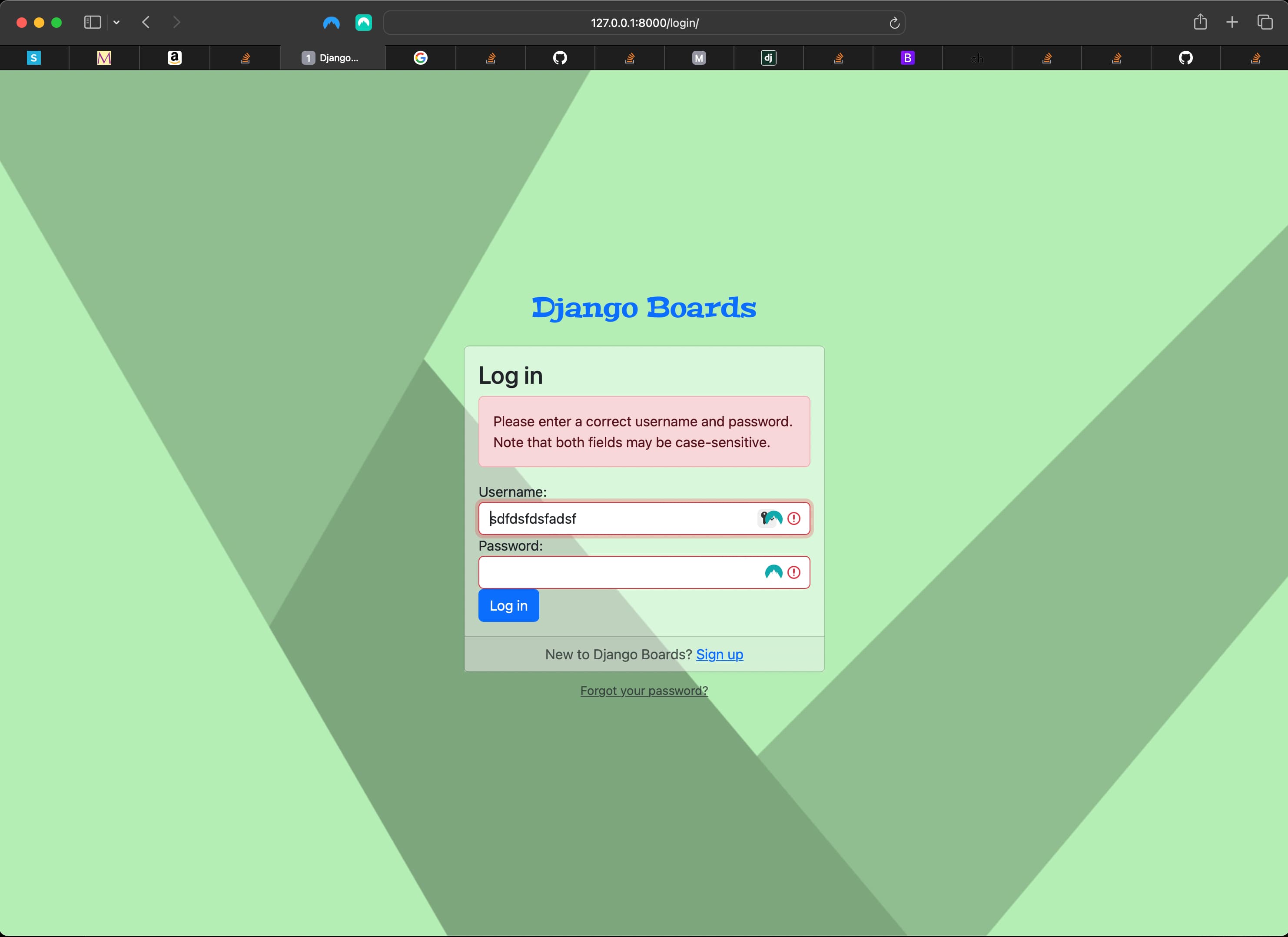 Rendering of the login view when the user types non-existent user and incorrect password and then submits the form