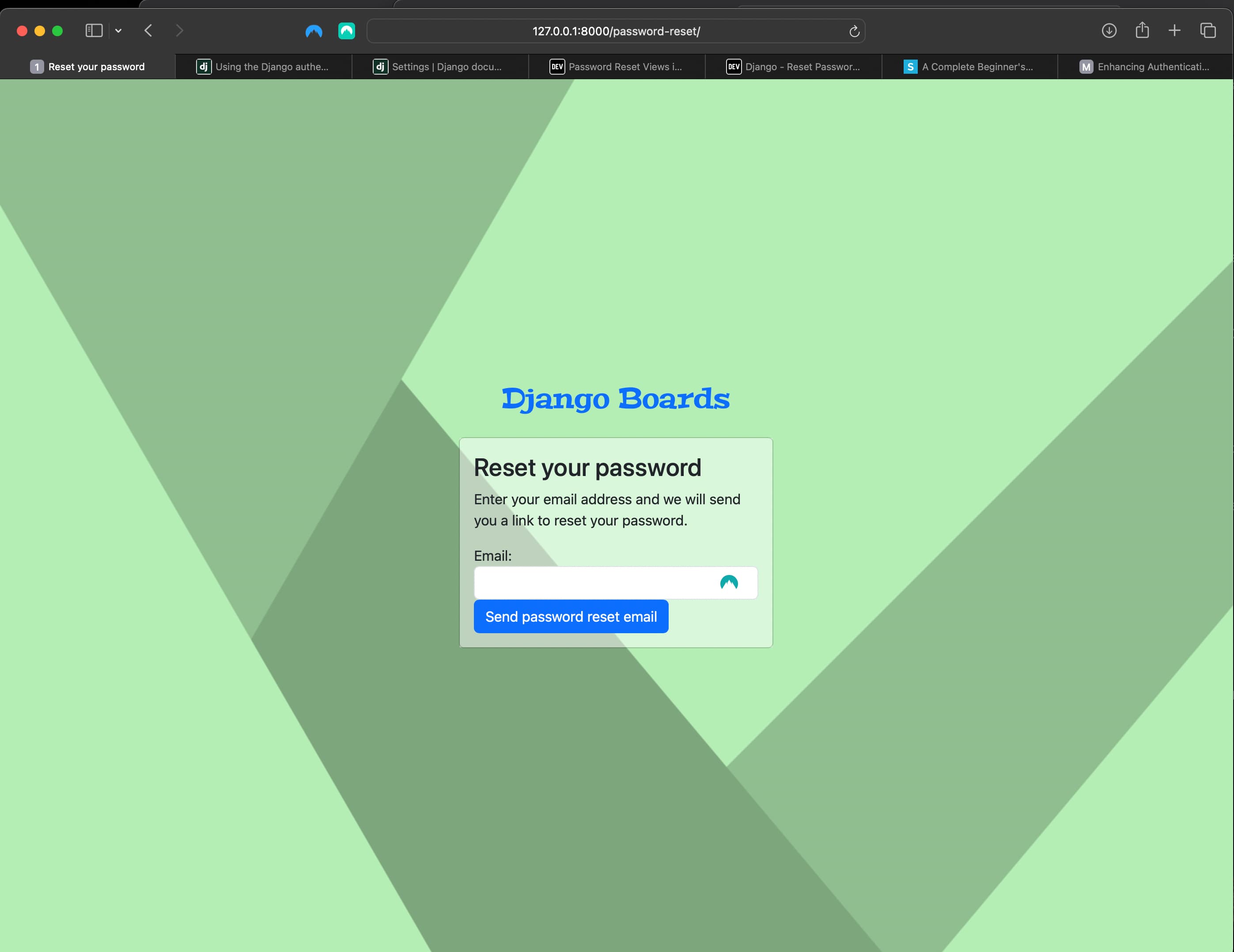 The password-reset view in the browser