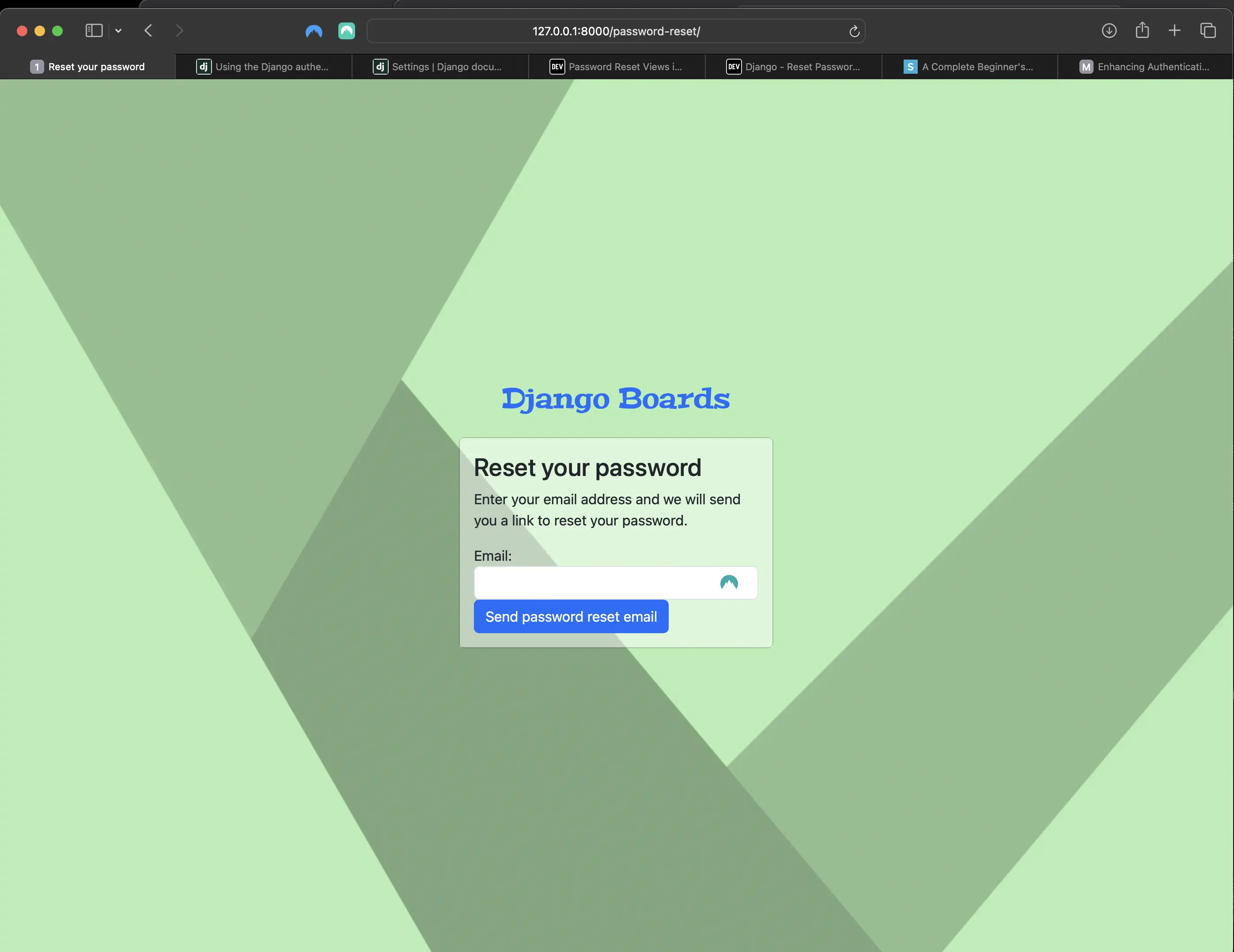 The password-reset view in the browser