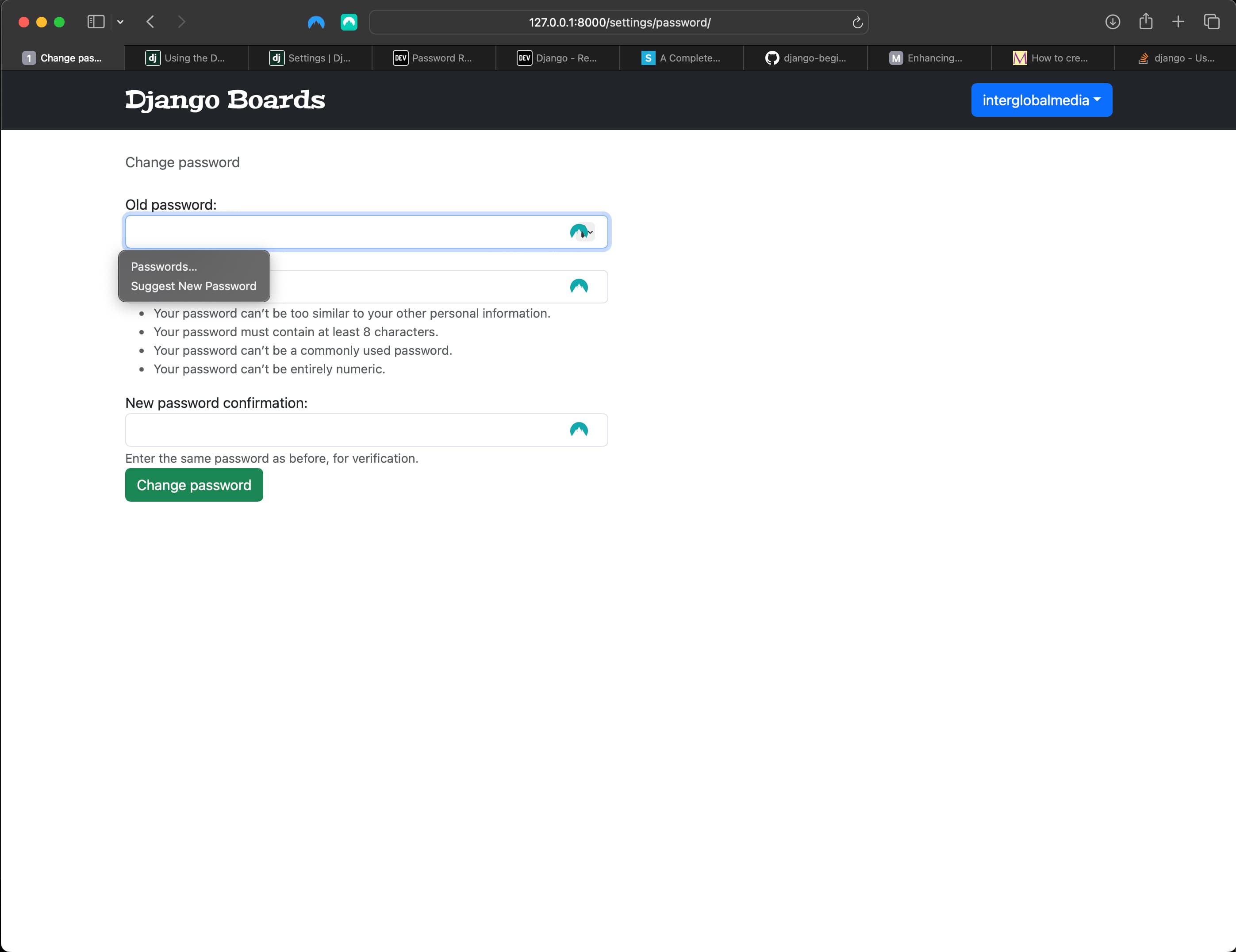 Password change view in the browser for logged in users