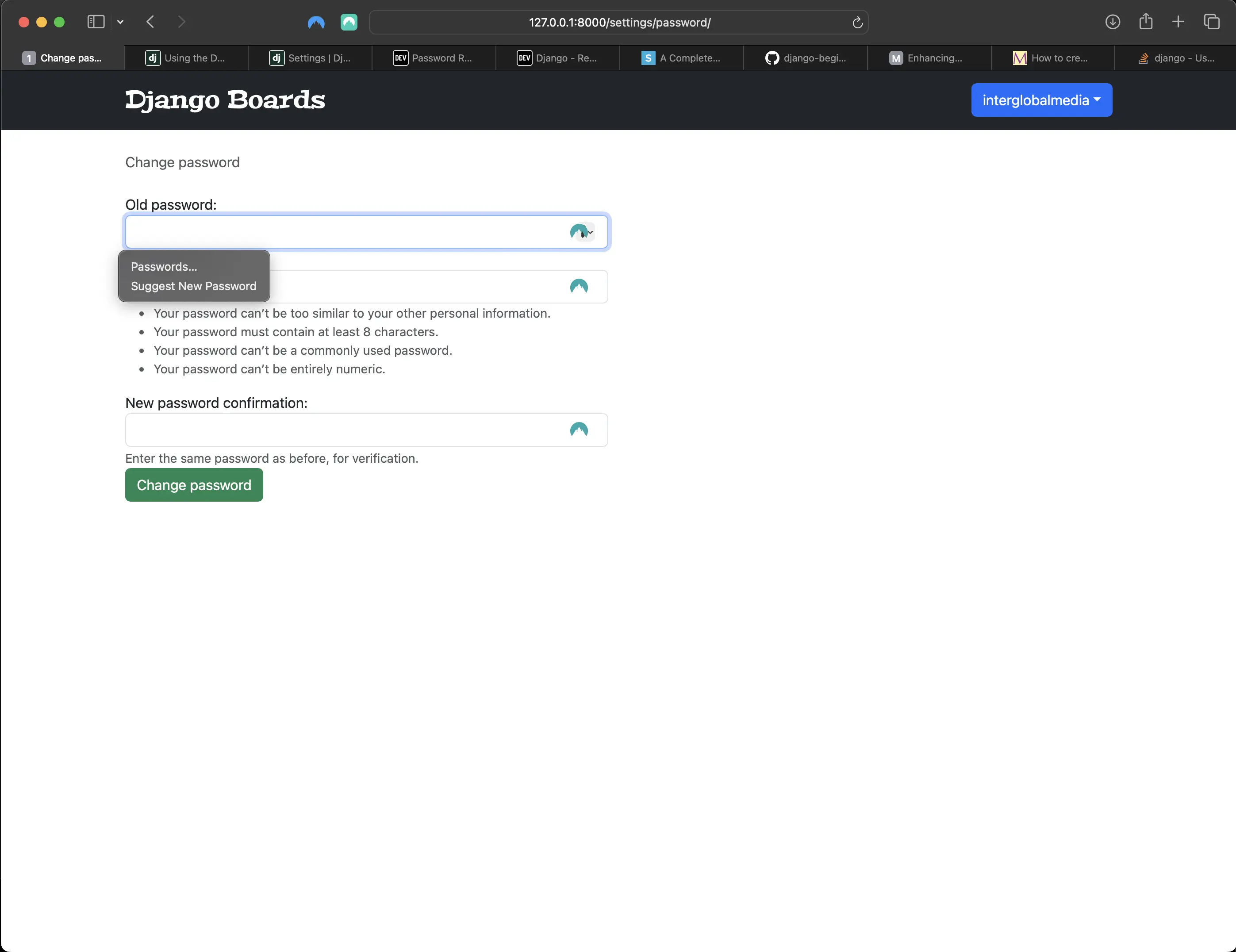 Password change view in the browser for logged in users