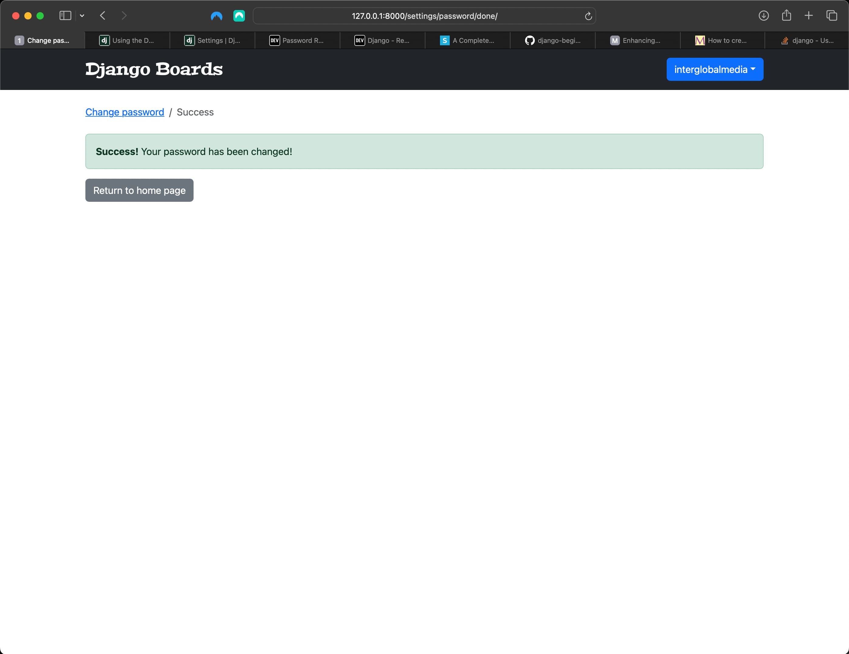 password change done view in the browser
