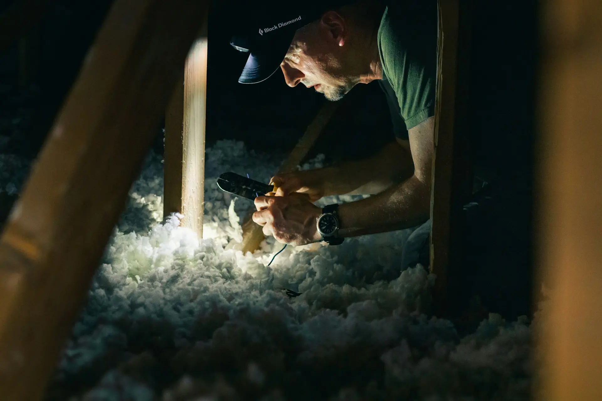 Man working in dark attic of house with headlamp for light source