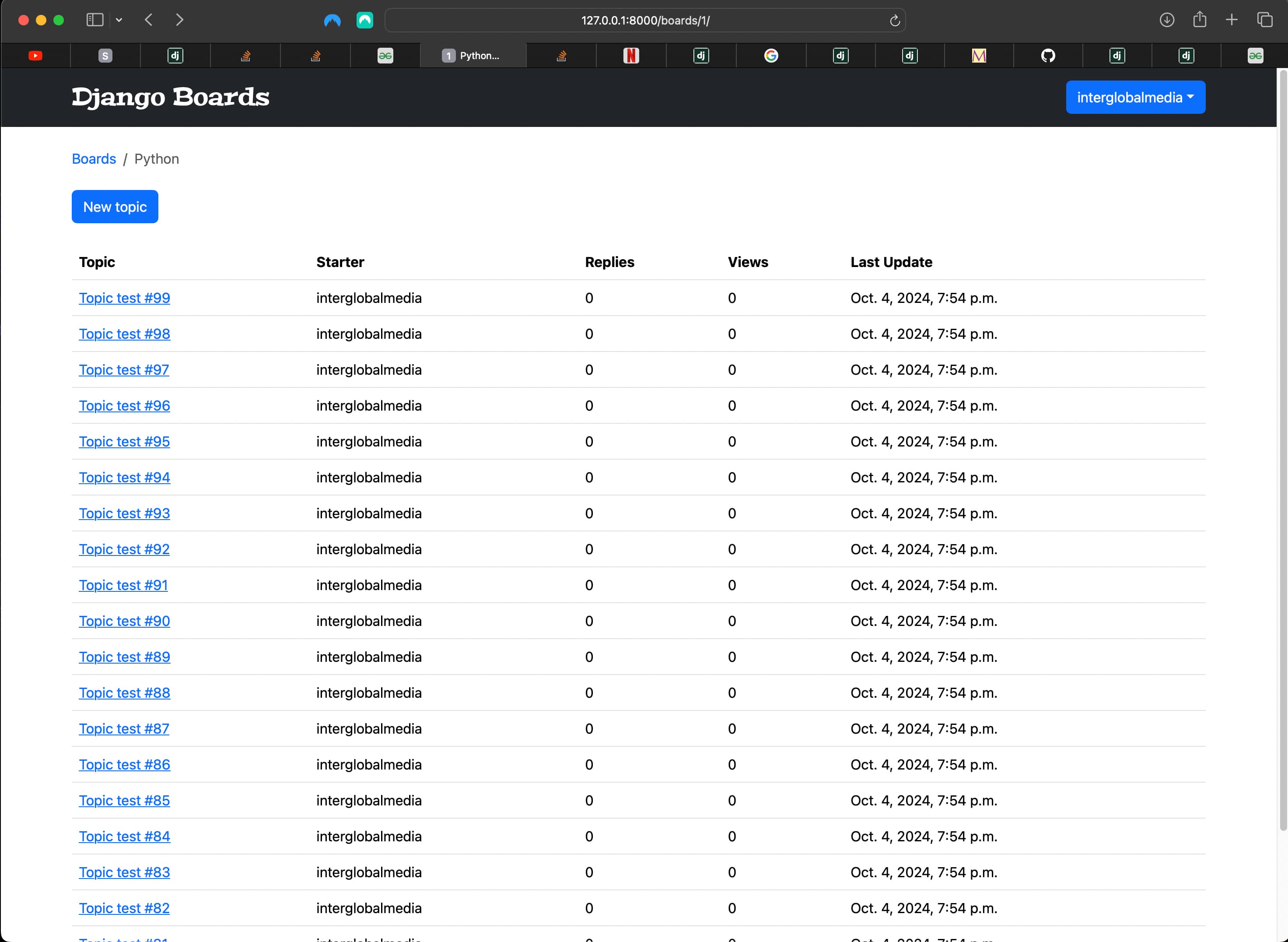 Newly populated Python board topics view