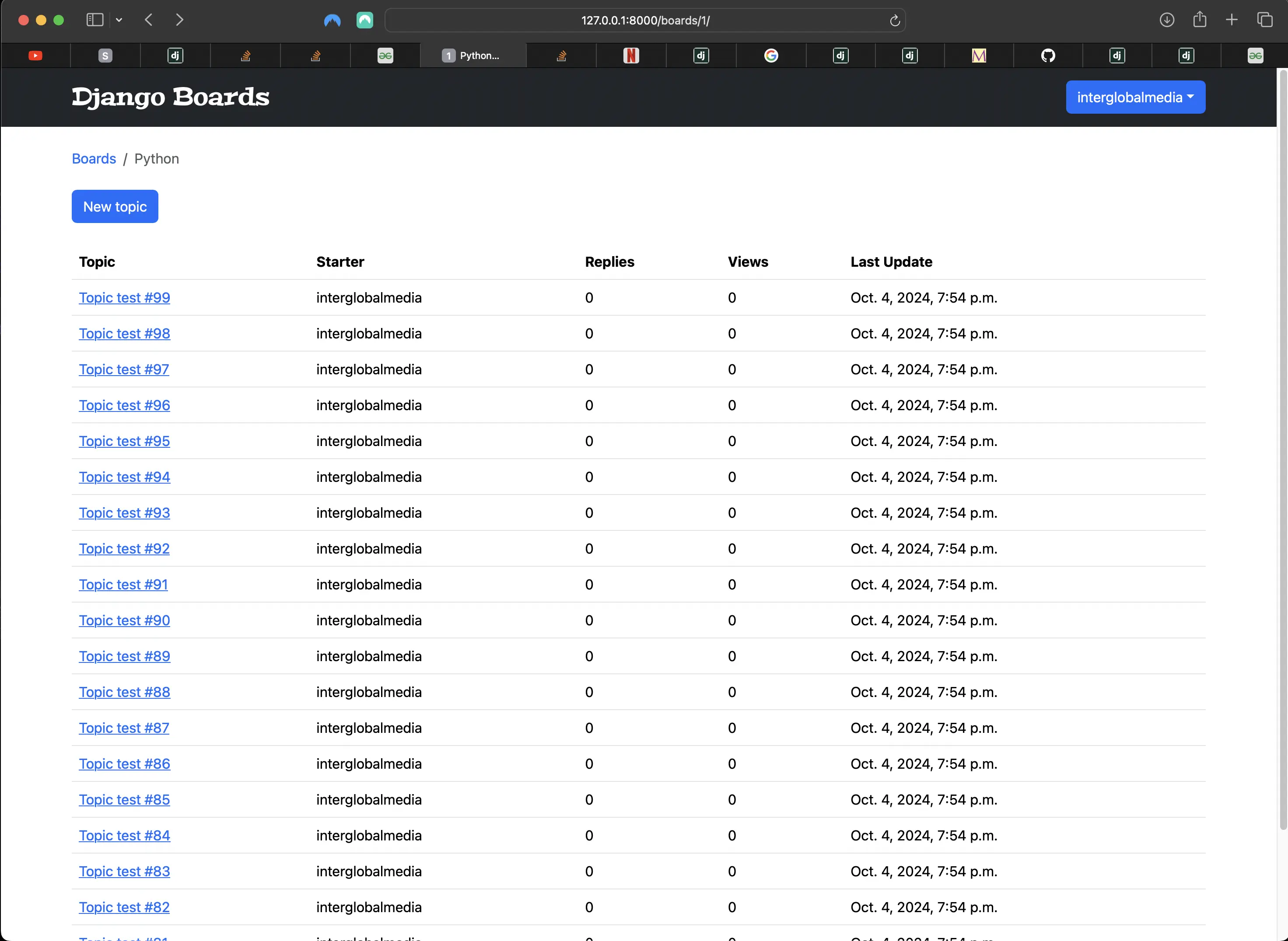 Newly populated Python board topics view